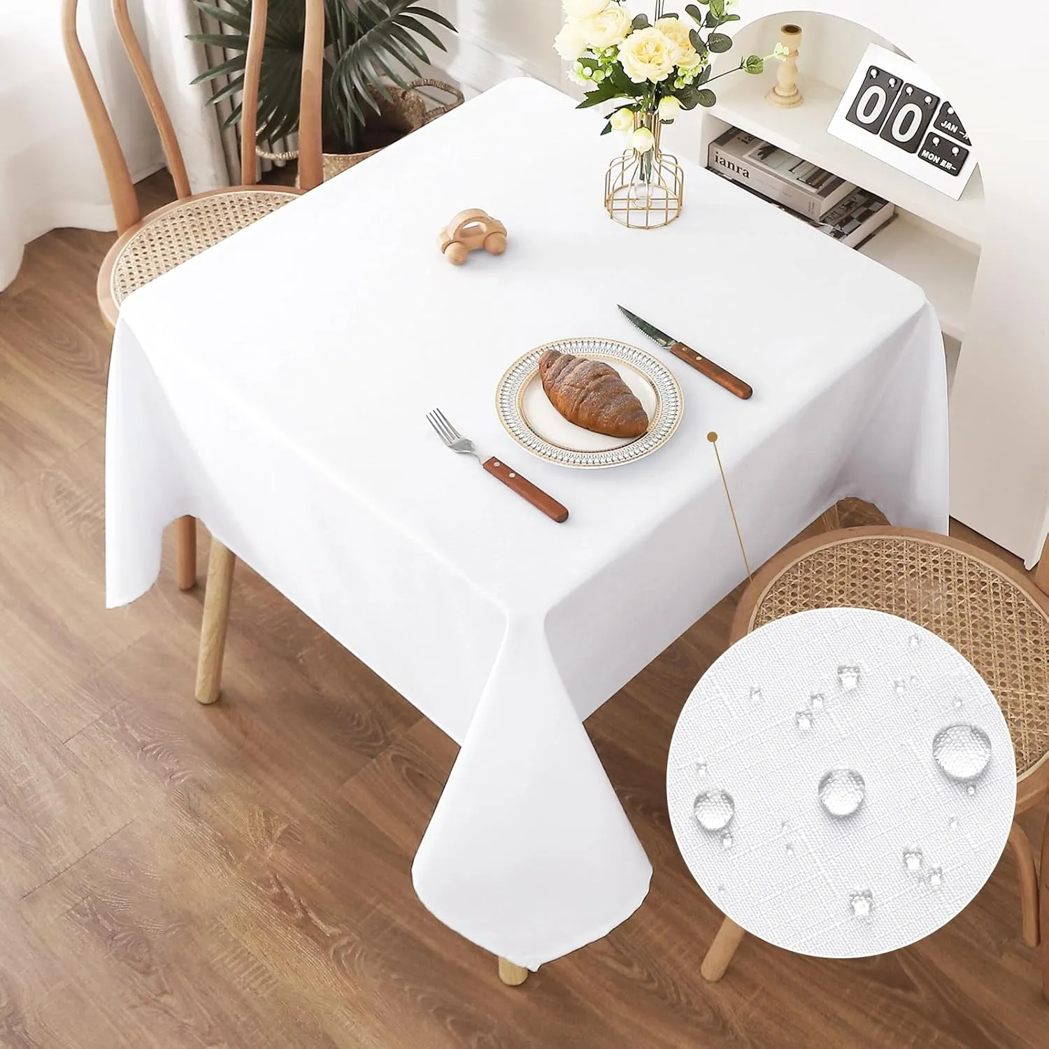AooHome Washable Tablecloth, White Tablecloths, 140 x 140 cm, Linen Look, Polyester Tablecloth, Water-Repellent with Lo…