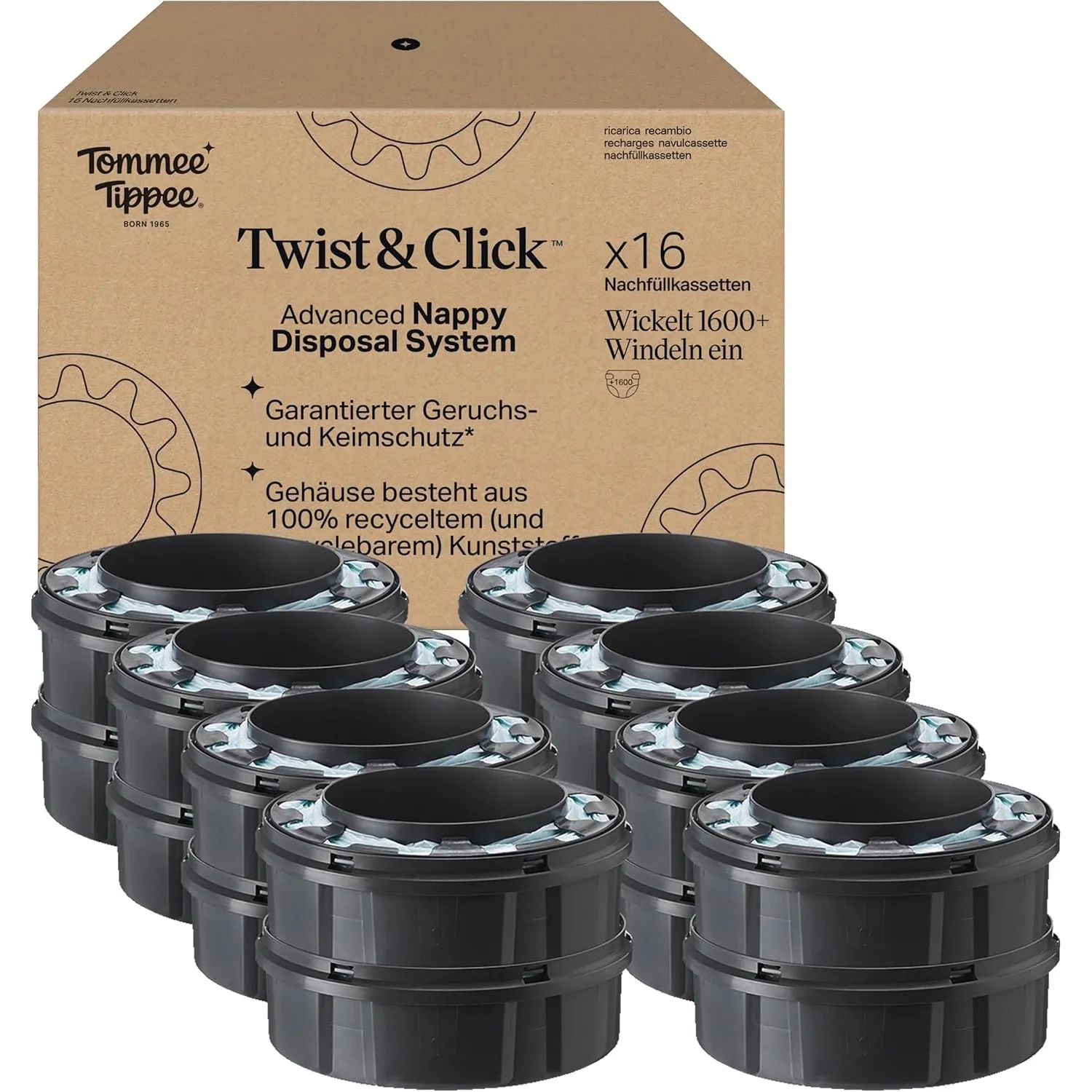 Tommee Tippee Twist & Click Advanced Windeleimer Original-Nachfüllkassetten, Exklusivpackung mit 16, je 10,5 Meter, ein…