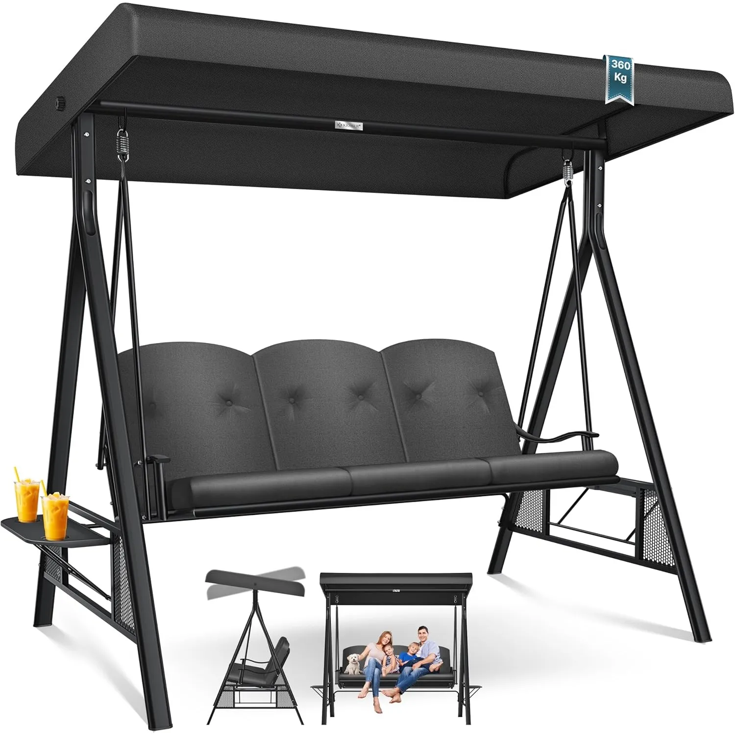 KESSER® Hollywoodschaukel mit Sonnendach 3-Sitzer & Sitzpolster-Auflage | Gartenschaukel bis 360kg belastbar | Gartenli…