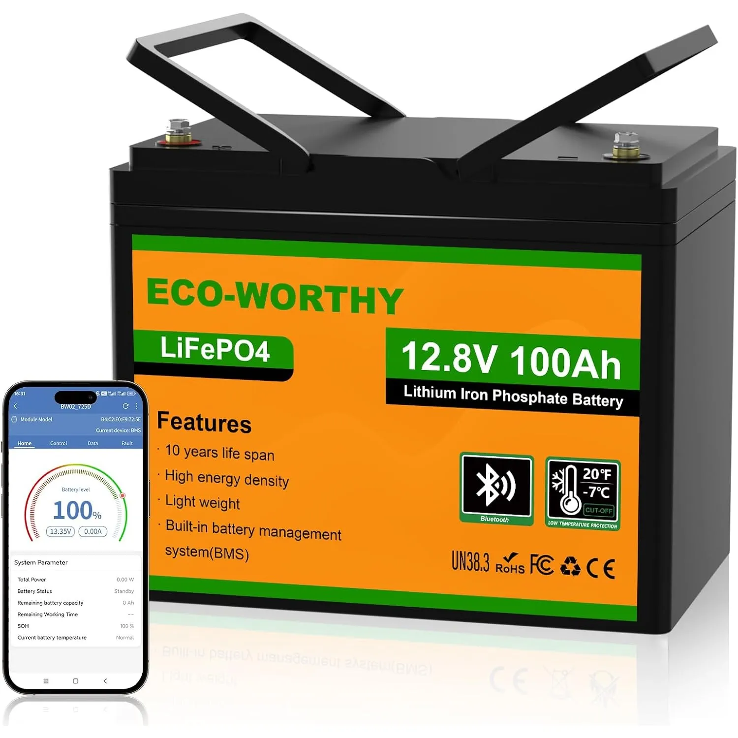 ECO-WORTHY LiFePO4 100Ah Bluetooth, Lithium Batterie 12V 100ah mit BMS Low Temperature Schutz und Max. 15000 Zyklens,12…