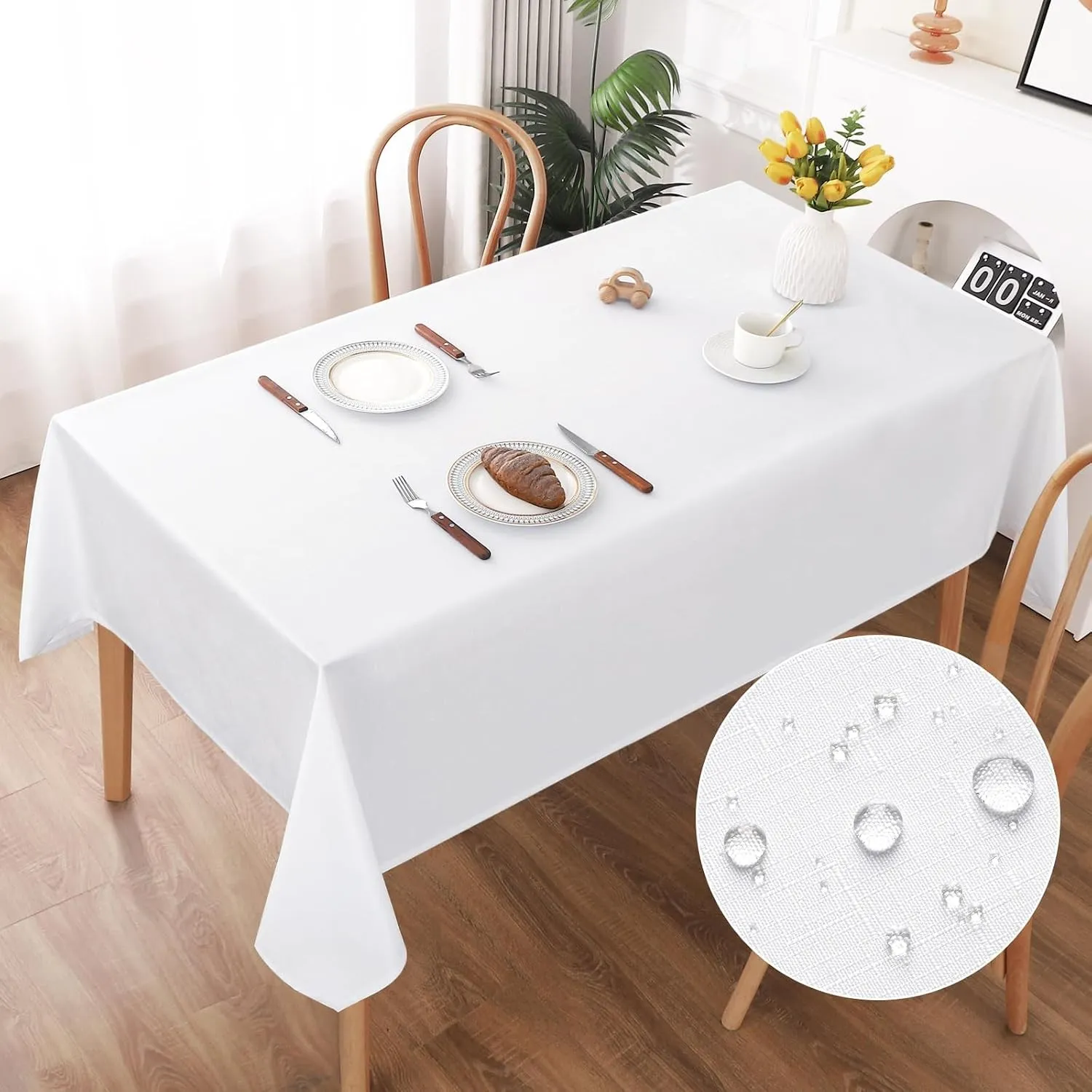 AooHome Tischdecke Abwaschbar, Weiß Tischdecken 140x220cm Leinen-Optik Tischtuch aus Polyester Wasserabweisend mit Lotu…
