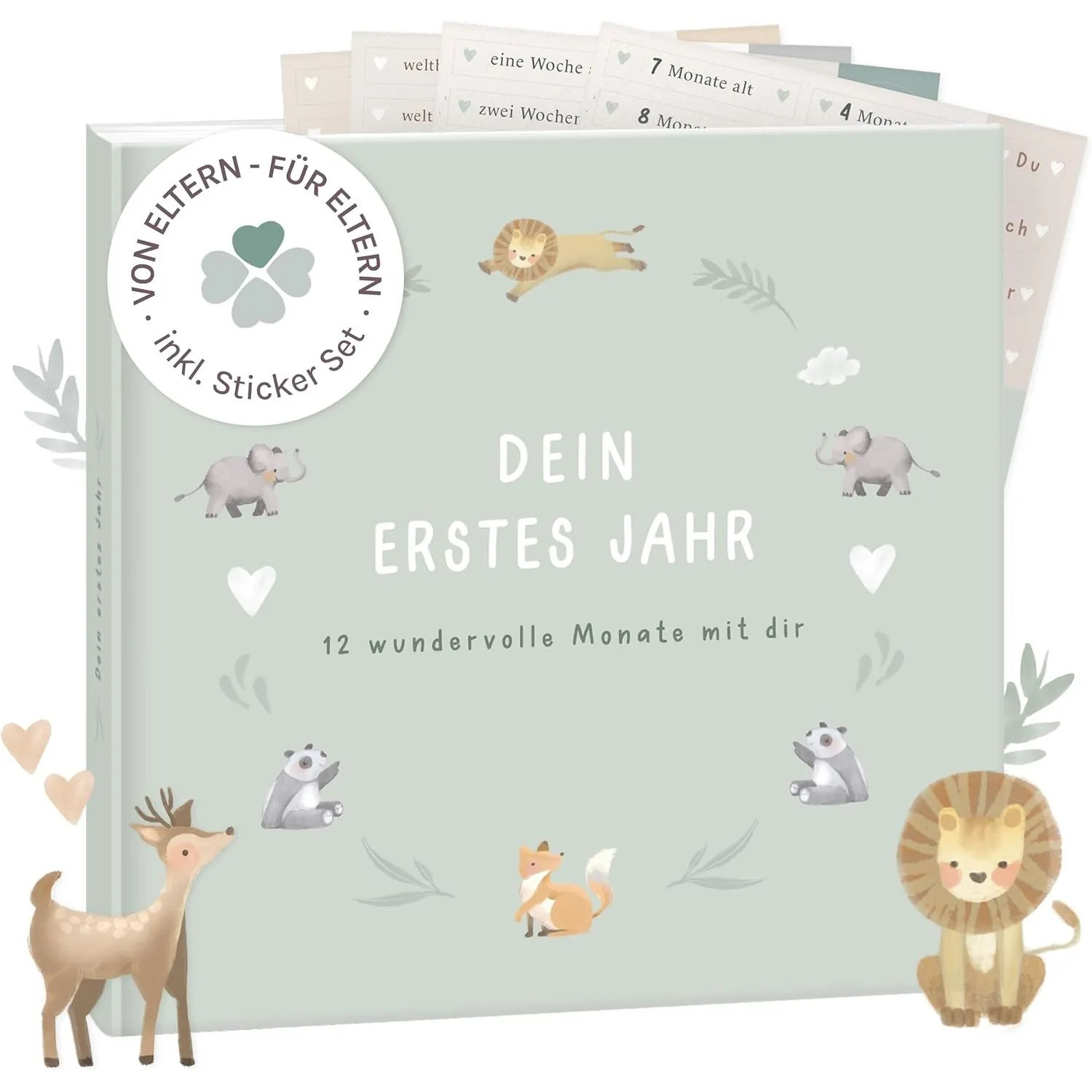 mintkind® Mein erstes Jahr Babyalbum Salbei – sanftes Babytagebuch mit 176 Seiten und Sticker-Set für ruhige Erinnerung…