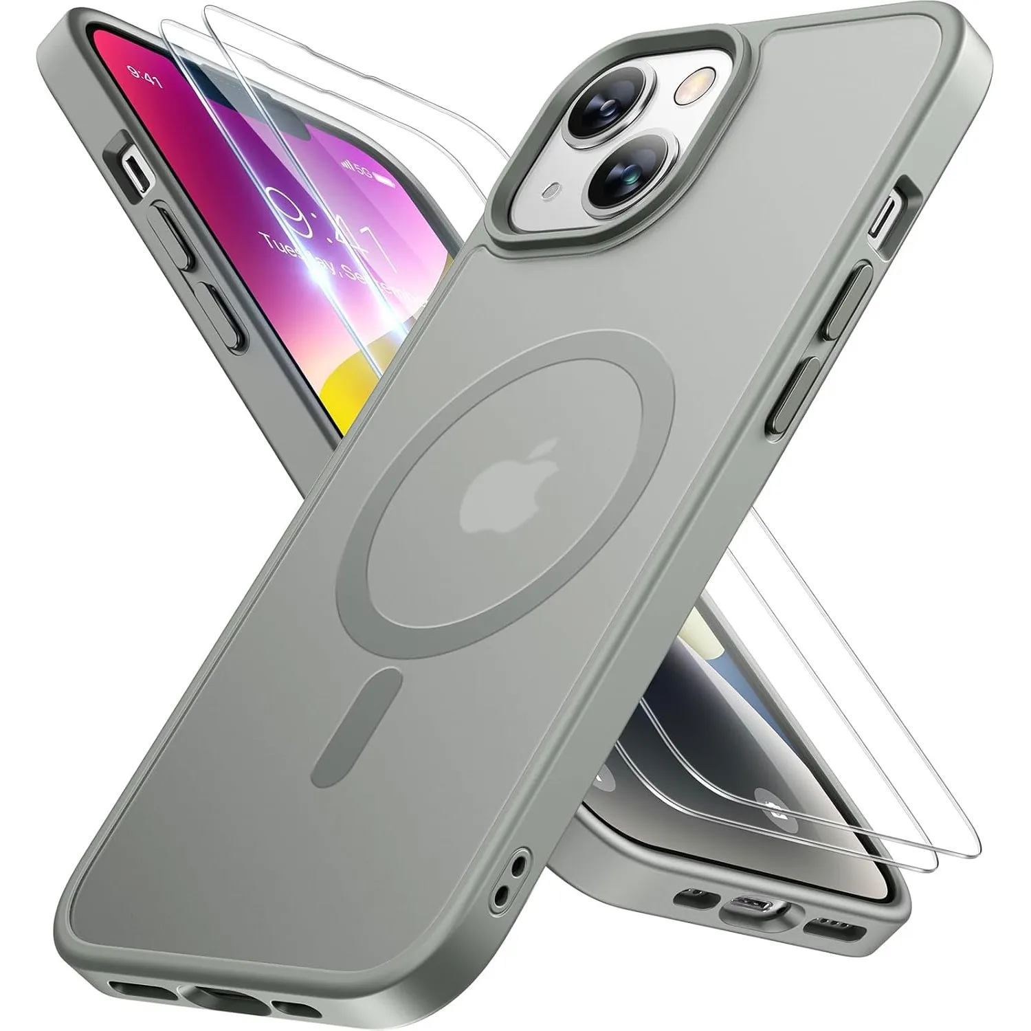 Miracase für iPhone 14 Hülle mit Magsafe & 2 9H+ Panzerglas, Grau