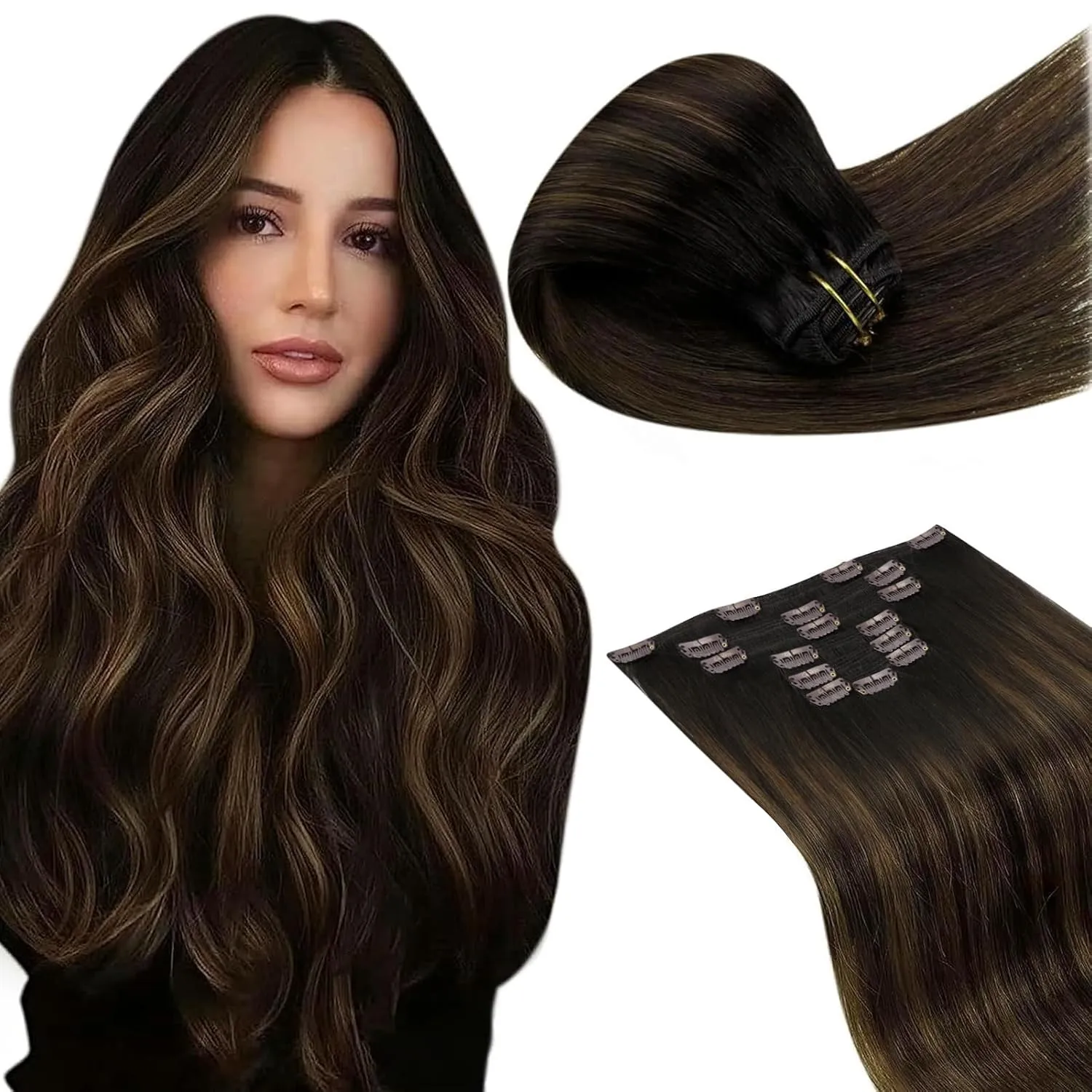 LaaVoo Echthaar Extensions Clip Braun Ombre 50cm 150g Extensions Clip in Menschenhaar Echthaar Clips Extensions Lang Vo…
