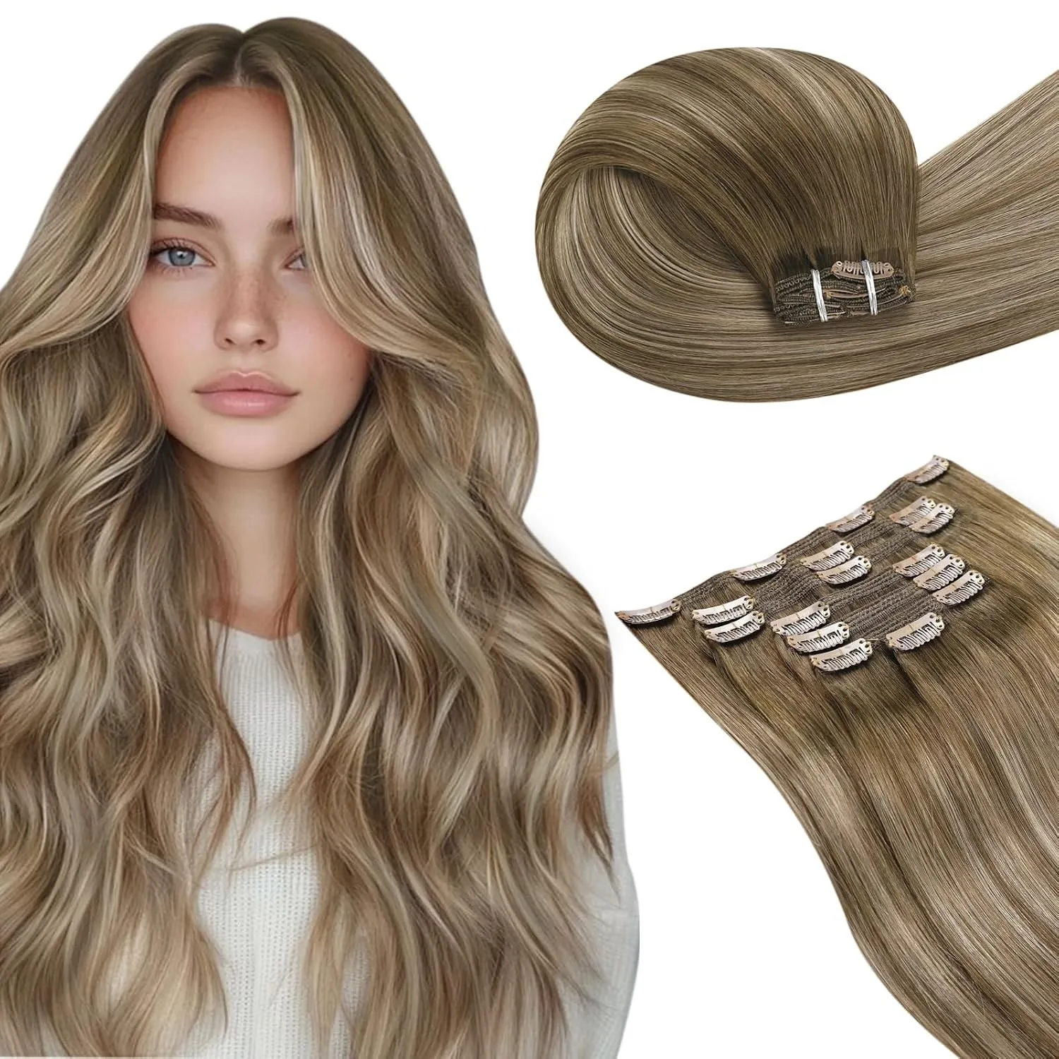 LaaVoo Clip in Extensions Ehthaar Balayage Braun Blond Extensions Echthaar Clips Hellbraun Ombre Goldene Blondine 135g …