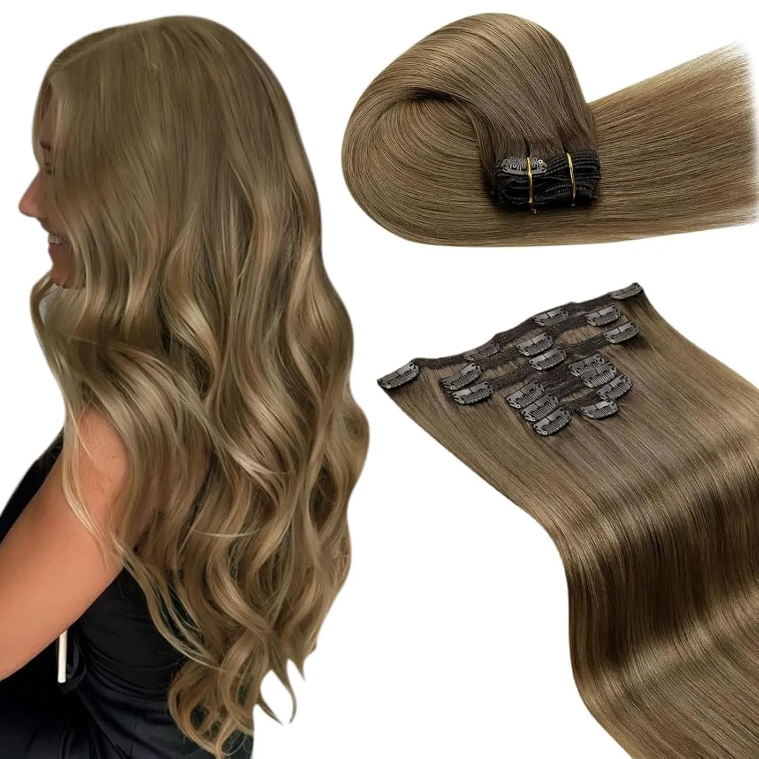 LaaVoo Clip Extensions Echthaar 50cm 150g Aschiges Hellbraun mit Beigenuancen Echthaar Clip in Extensions Balayage Blon…