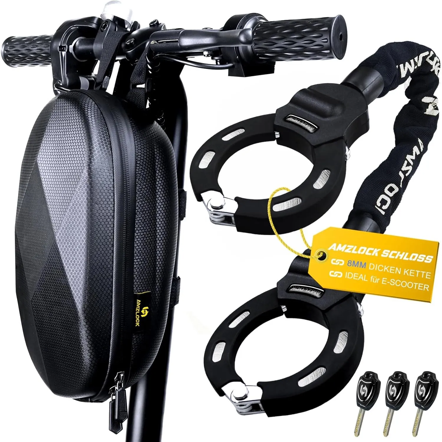 E Scooter Schloss mit Tasche | 8mm Dicke Kettenschloss | Handschellenschloss für E Scooter | mit 3 Schlüsseln | 1.6kg/7…