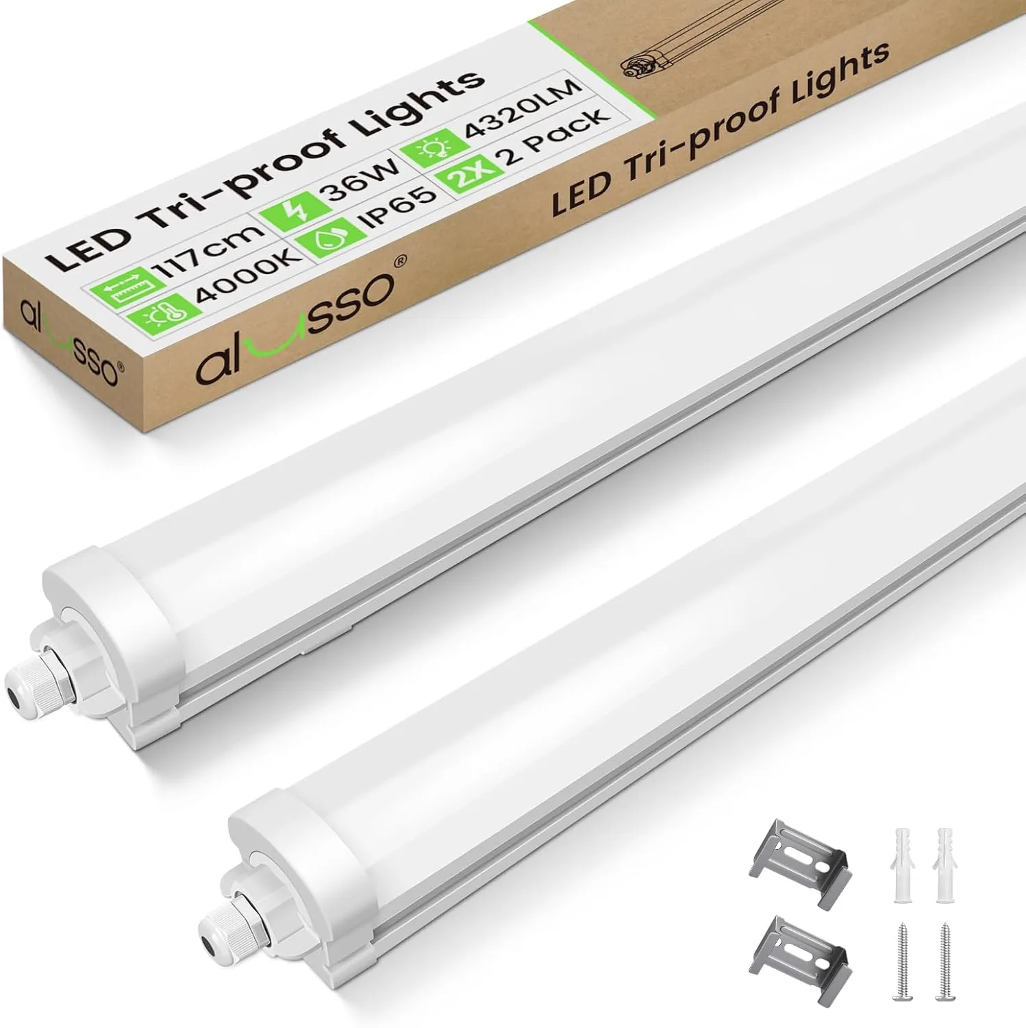 ALUSSO 2 Stück LED Feuchtraumleuchte 117CM, 36W 4320LM LED Röhre 4000K, IP65 Wasserfest Feuchtraumlampe Werkstatt Decke…