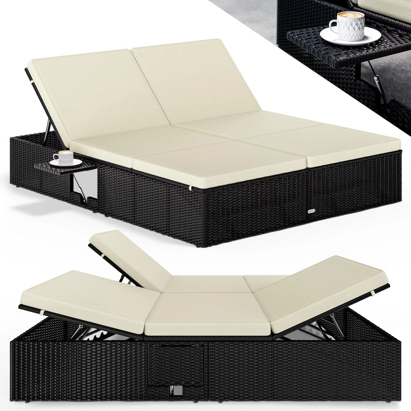 Casaria® Sonnenliege 2 Personen mit Klapptisch 7cm Auflagen Wetterfest Gartenliege 220kg Belastbar Liegestuhl Verstellb…