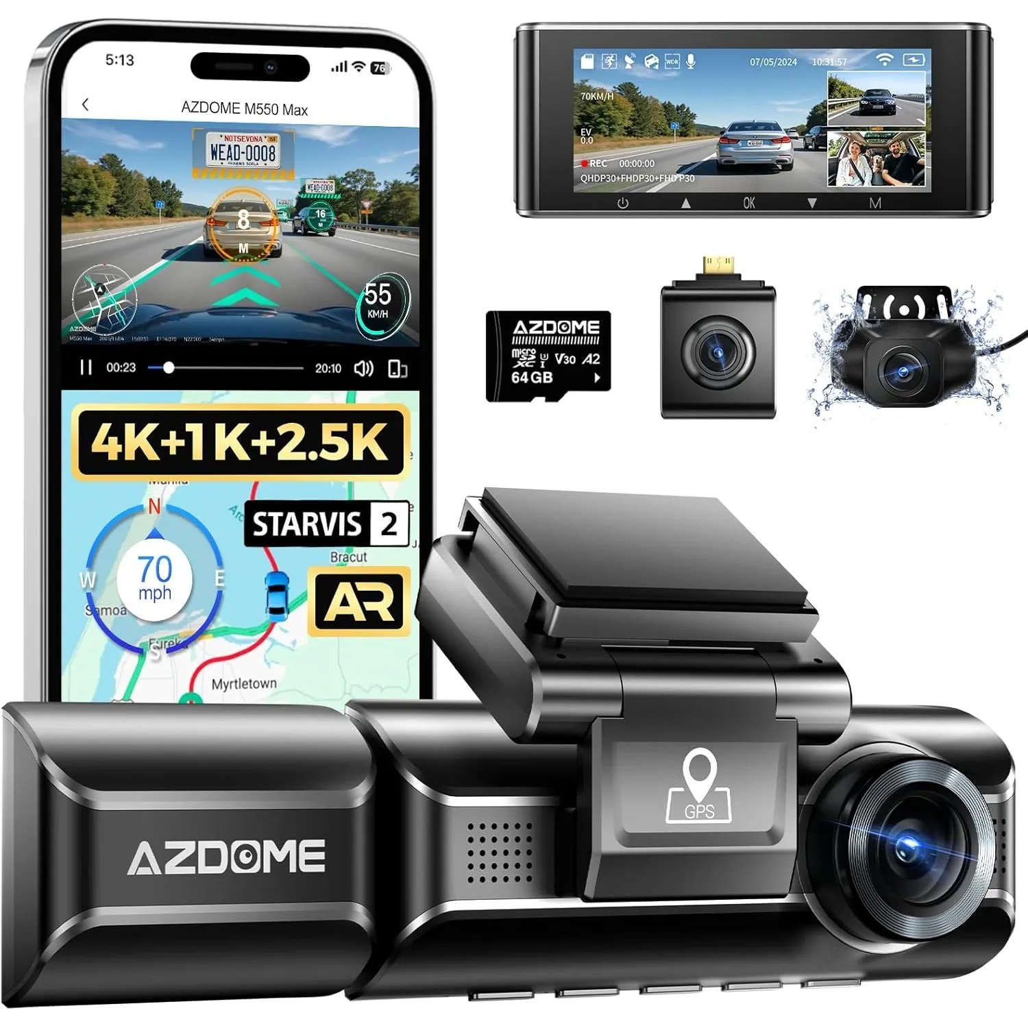 AZDOME 4K Dashcam Auto Vorne Hinten Innen, 3 Kanal 4K+1080P+2.5K Autokamera | mit 64GB SD Karte,GPS, Dual STARVIS, IR N…