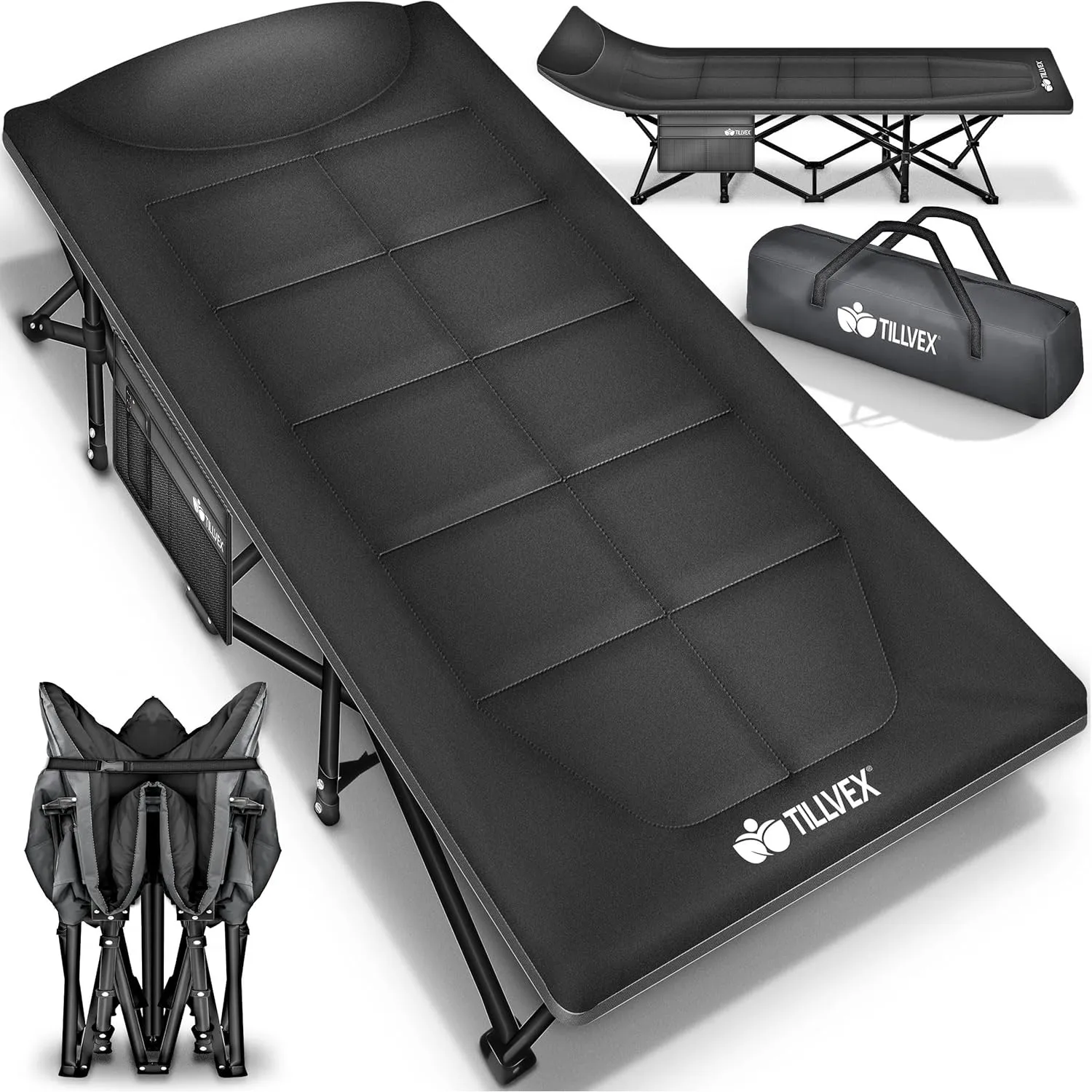 tillvex® Campingbett klappbar mit Tragetasche bis 200 kg Indoor & Outdoor | Campingliege mit Polster & Seitentasche | F…