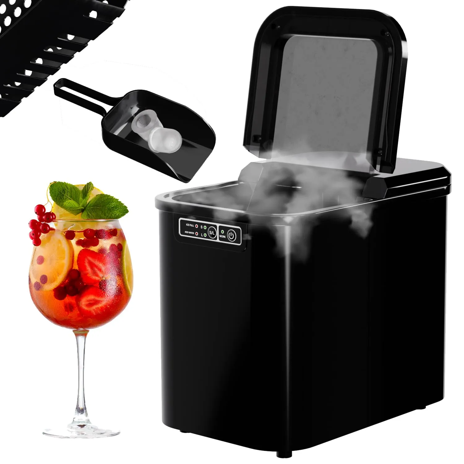 Tronitechnik Ice Cube Machine, Ice Maker, 12 kg/24 h, 2.2 Litre Water Tank, 2 Sizes, Self-Cleaning, Black, Easy to Use