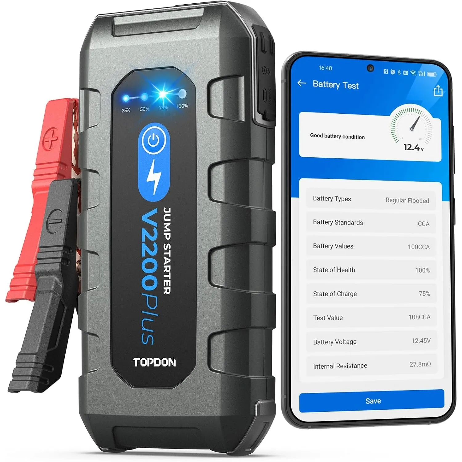 TOPDON V2200 Plus Starthilfe Powerbank & Batterietester 2-in-1 2200A Booster Jump Starter für bis zu 8L Gas/6L Diesel M…