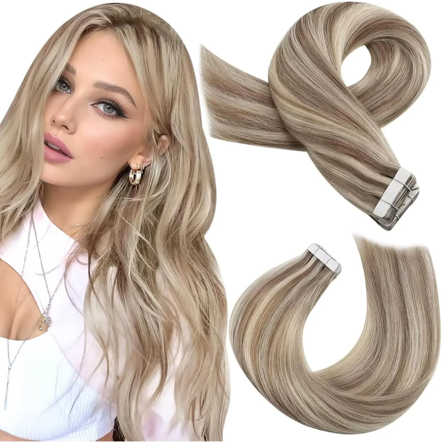Moresoo Tape Extensions Echthaar Mittelgoldblond mit Platinblond Tapes in Extensions Echthaar Blond Echthaar Extensions…