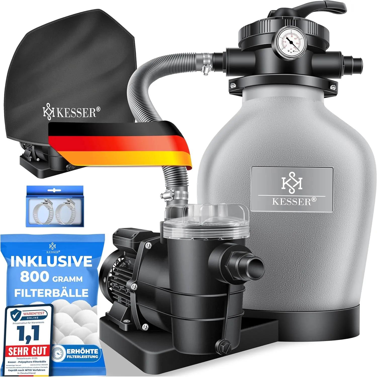 KESSER Sand Filter System + 700 g Filter Balls Replace 25 kg Sand Filter 7-Way Valve with Pressure Indicator Pool Filte…