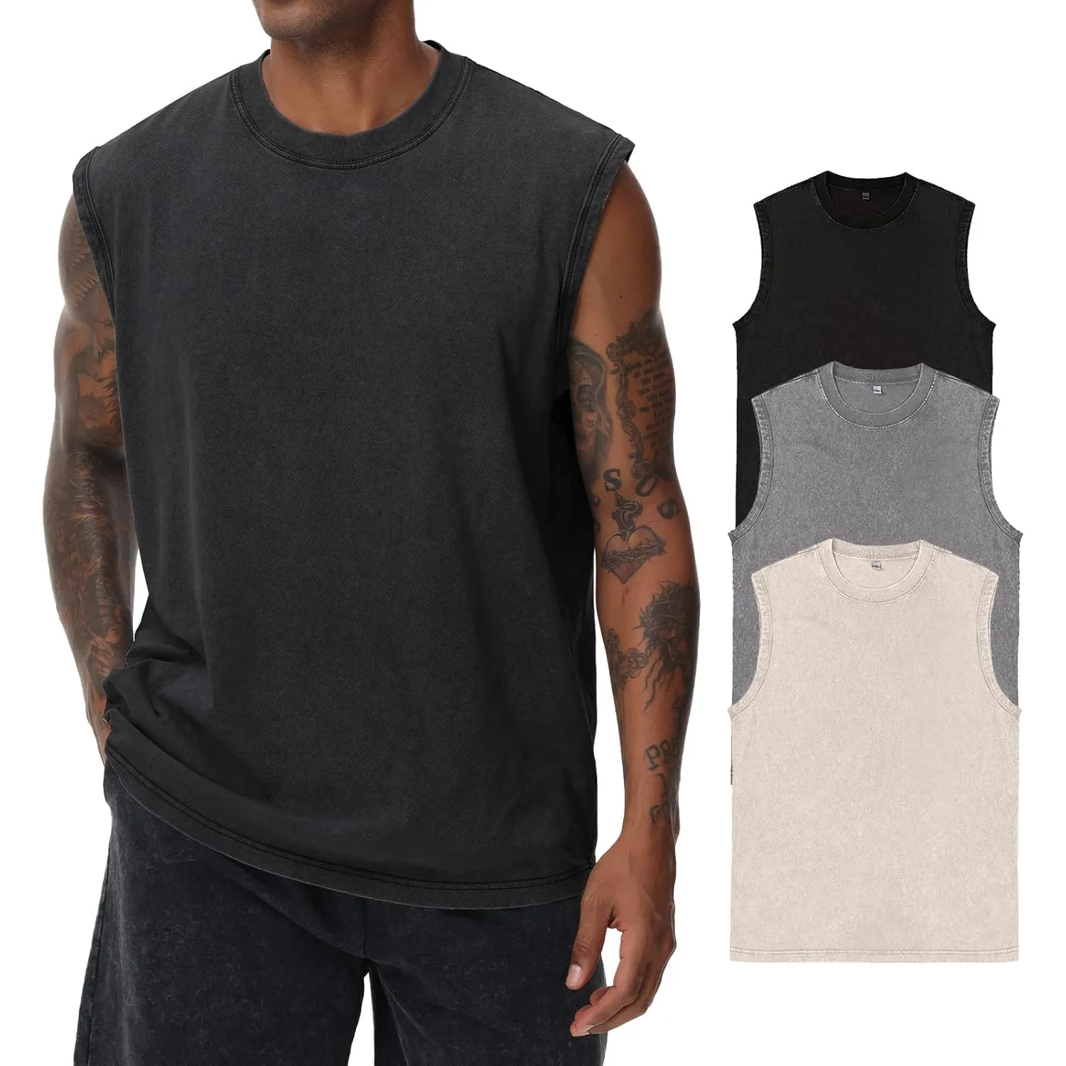 Herren Kurzarm Sommer Ärmelloses Shirt, Männer Fitness ärmellos Weste, Washed Sleeveless t-Shirt, Workout, Fitnessstudi…