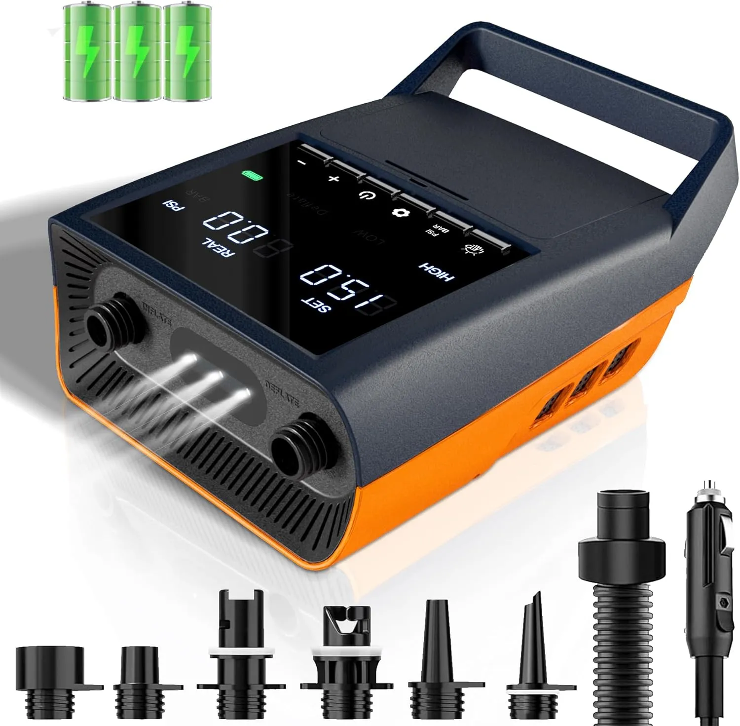Mojimdo Elektrische SUP Pumpe 20 PSI, Wiederaufladbare Luftpumpe, Auto-Off, 12V DC & Typ-C, mit 6 Düsen, für Stand Up P…