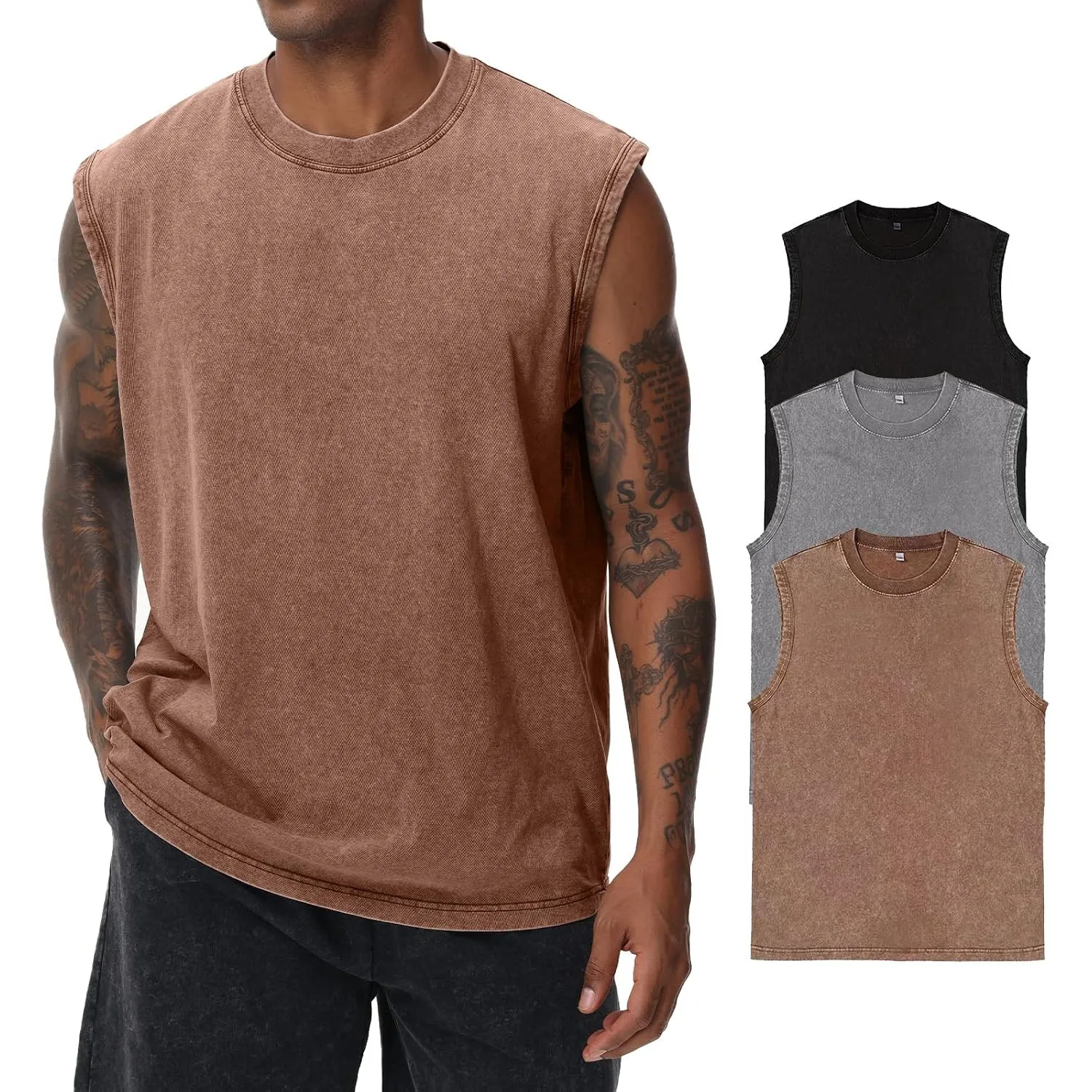 Herren Kurzarm Sommer Ärmelloses Shirt, Männer Fitness ärmellos Weste, Washed Sleeveless t-Shirt, Workout, Fitnessstudi…