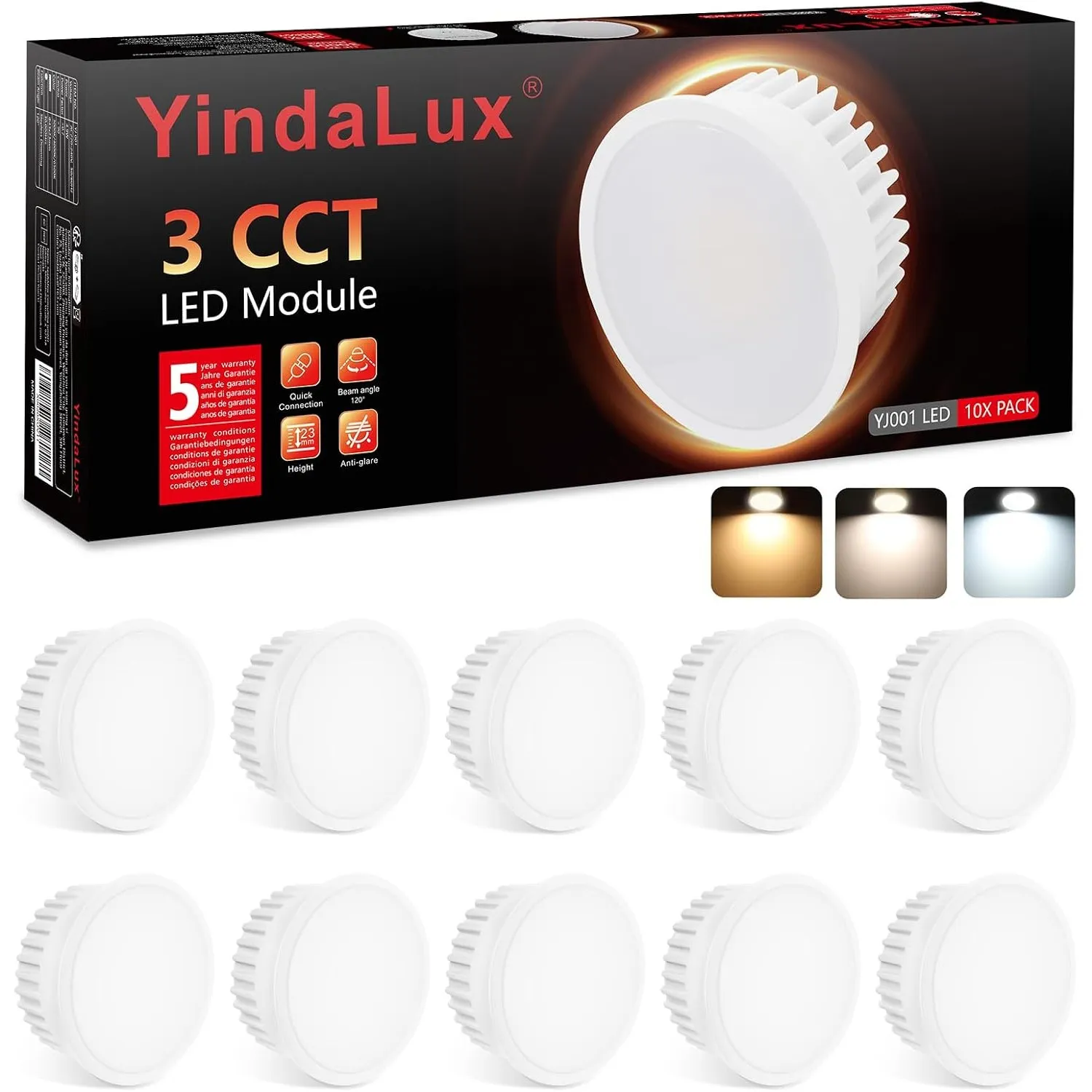 YindaLux 10x LED Modul 230V 5W Dimmbar, 3 Lichtfarben, Ø50x23 mm