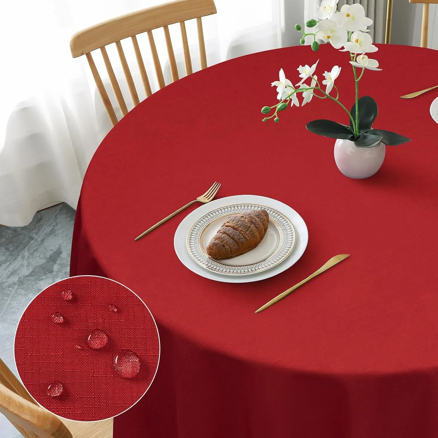 AooHome Tischdecke Rund 160cm, Rot Leinen-Optik Tischdecken Abwaschbar Tischtuch aus Polyester Wasserabweisend mit Lotu…