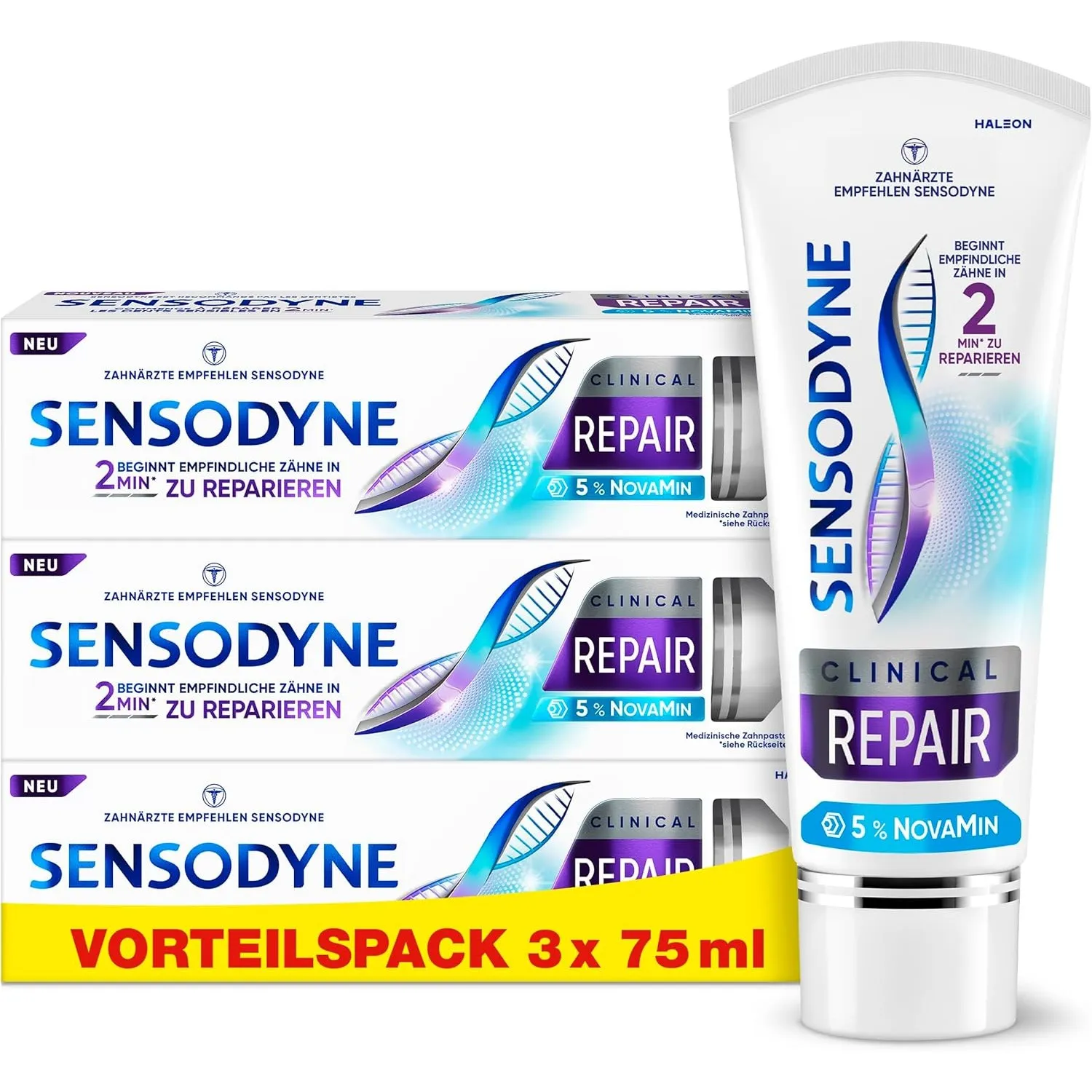 Sensodyne Clinical Repair Zahnpasta, 3x75ml, mit 5% NovaMin, sensible Zähne