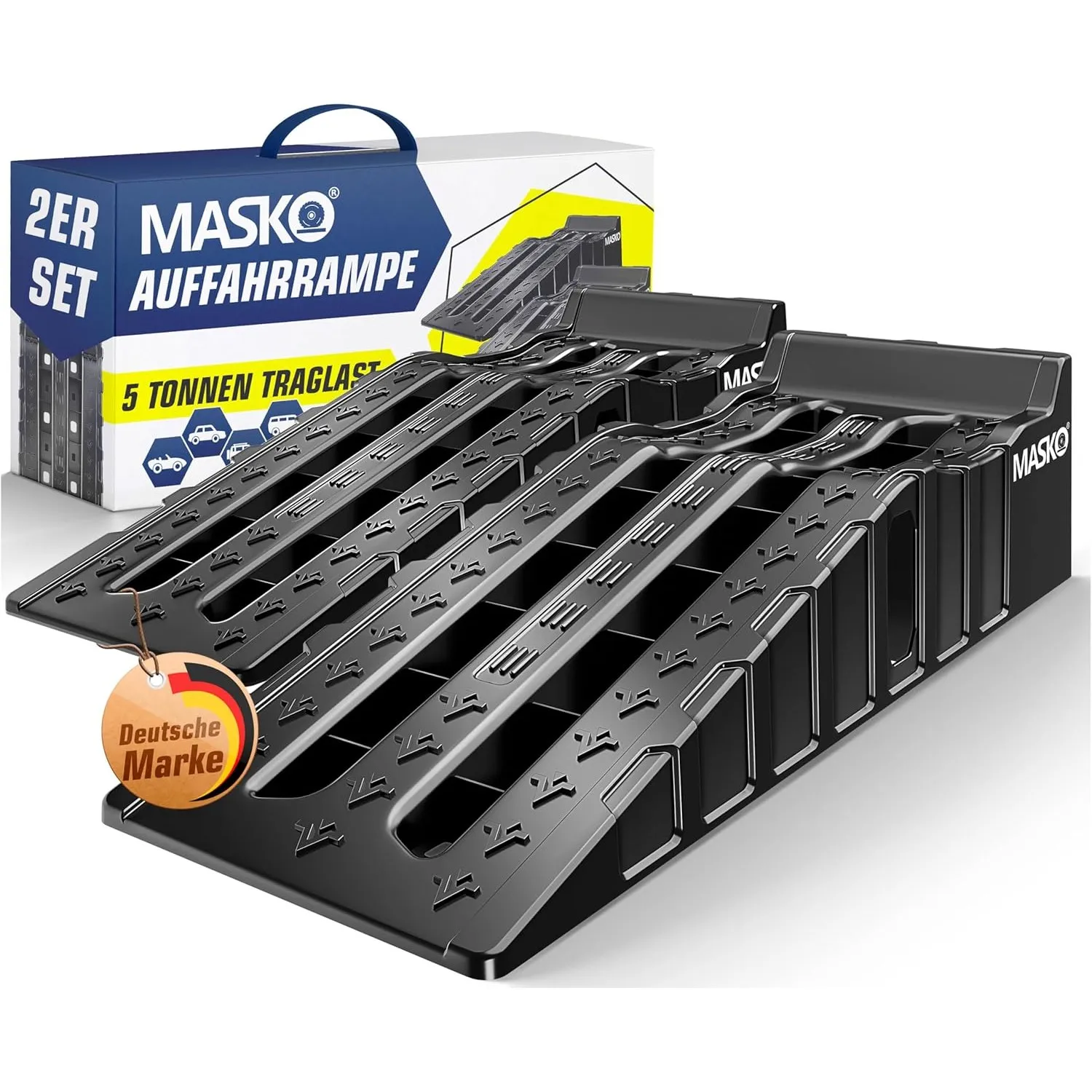 MASKO® Auffahrrampe PKW 2er-Set Keile Auffahrkeile, 5T Traglast, Mobile Auto Rampe KFZ rutschfest, Verladerampe breit m…