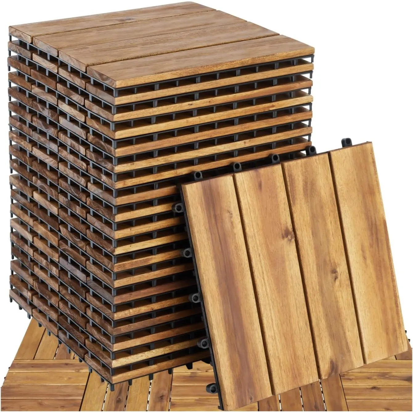 tectake® Holzfliesen, Holz Fliesen wetterfest, Bodenbelag für Wintergarten, Bodenfliesen, Balkonboden, Boden Trittstein…