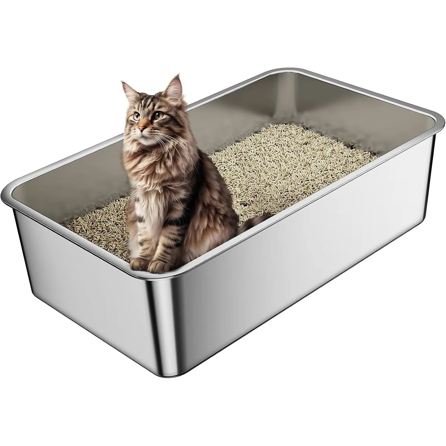 Barhon Katzenklo Edelstahl XXL 60 x 40 x 15 cm, Katzentoilette Edelstahl groß für Großkatzen mit hoher Seite, Katzenklo…