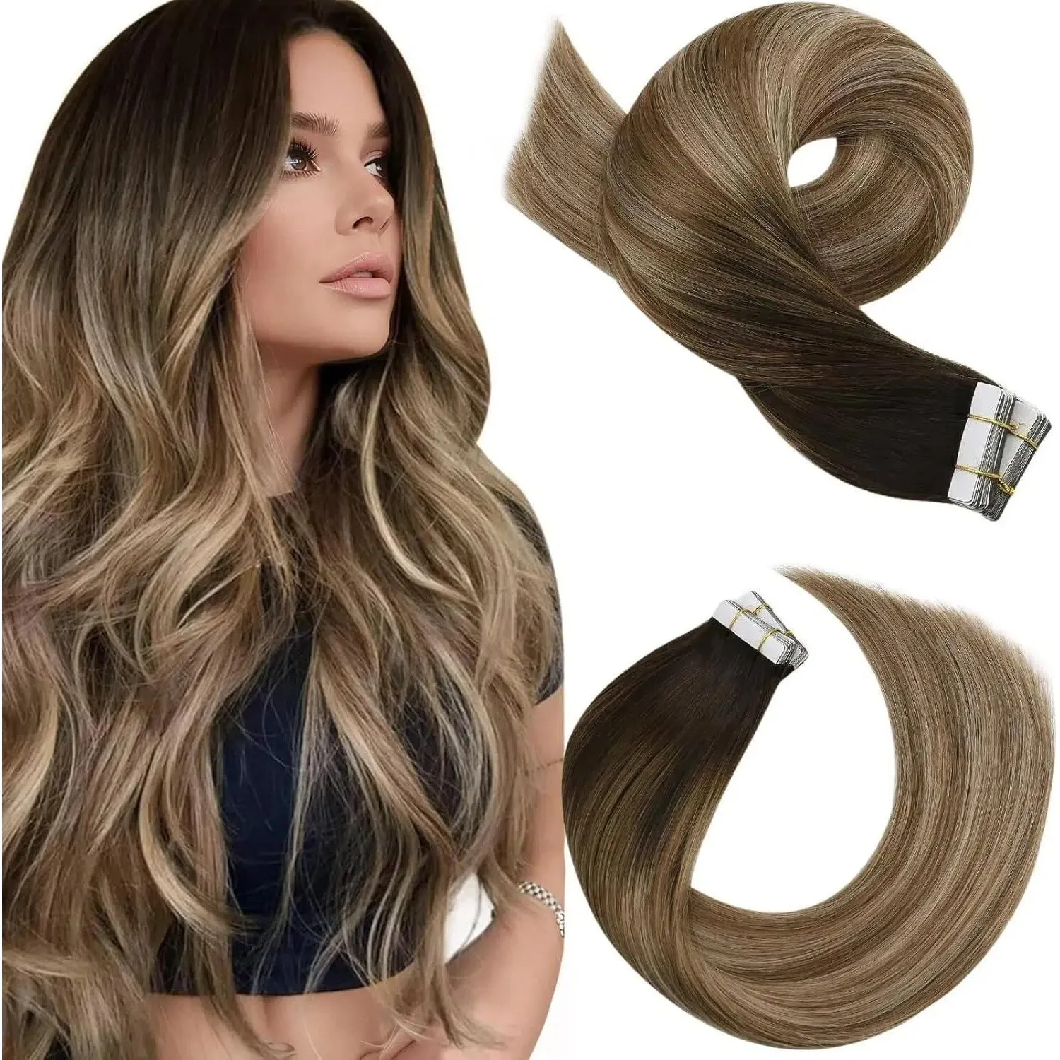 Moresoo Tape in Extensions Echthaar Braun Ombre Nahtlose 40 cm 20 Stück 50g