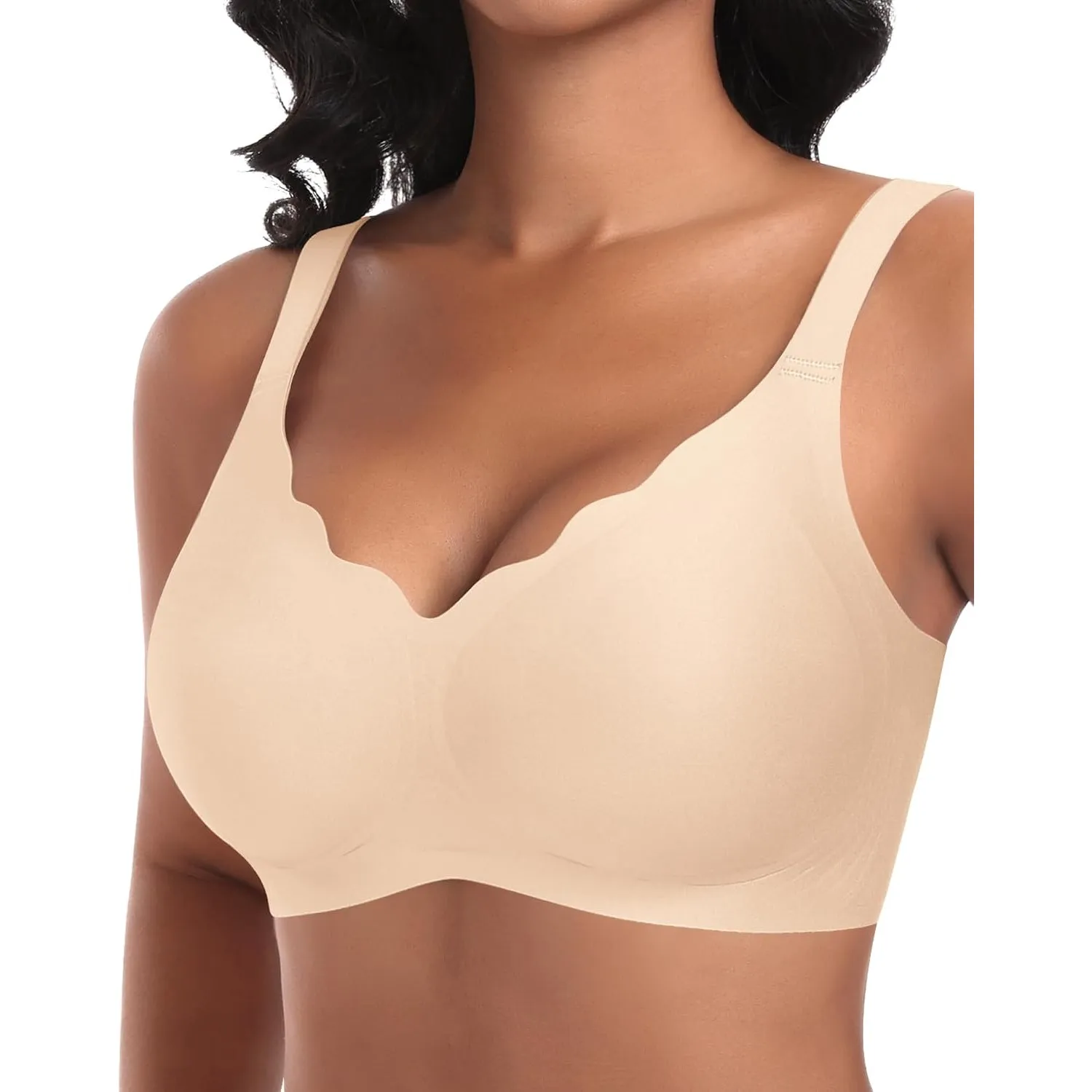 Ganado Damen Nahtloser BH Ohne Bügel Tiefem V-Ausschnitt gewellte Ränder Bequemer BH Bralette Soft BHS Bügellos Bustier…