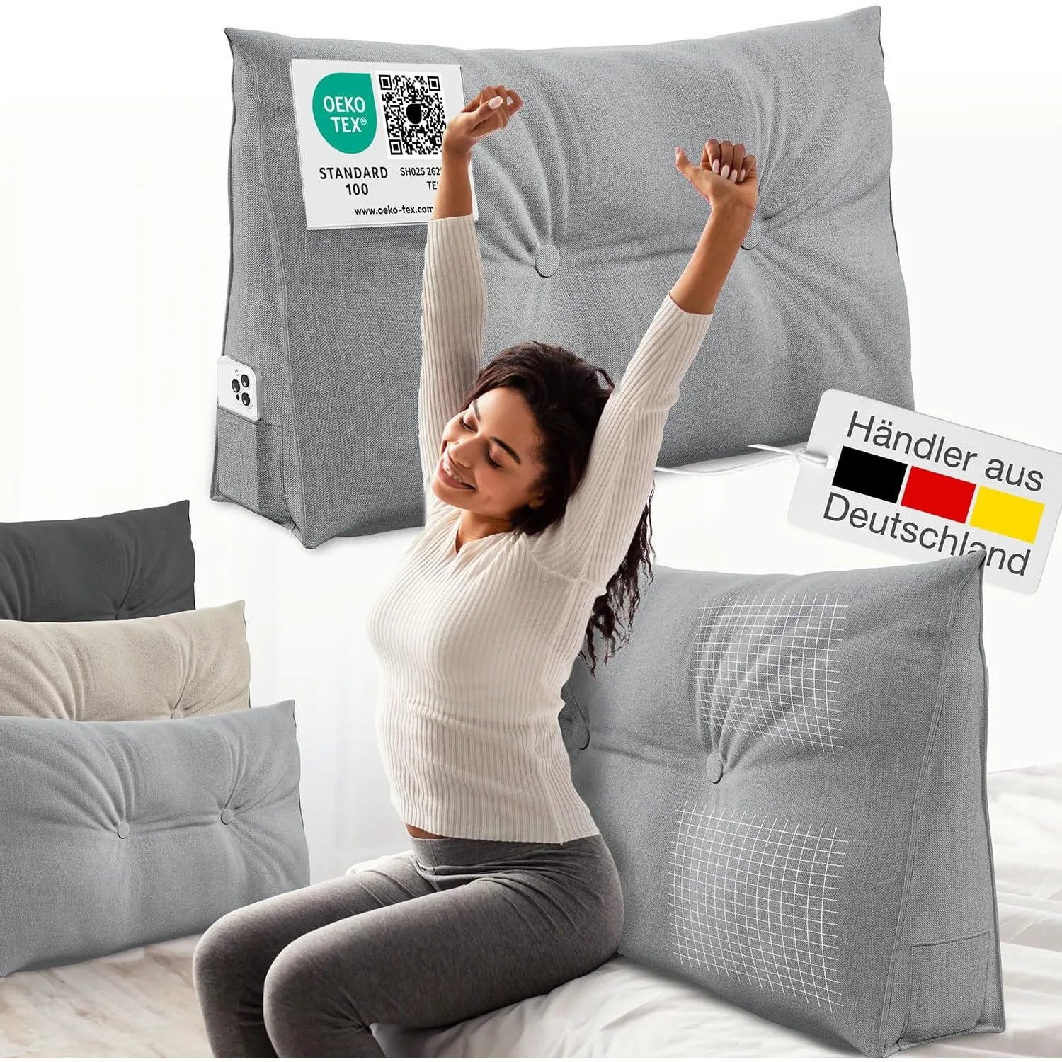 ELONEO Rückenkissen 90 cm breit, Keilkissen für Bett und Sofa geeignet, dreieckiges Lesekissen, Kissen mit abnehmbarem …