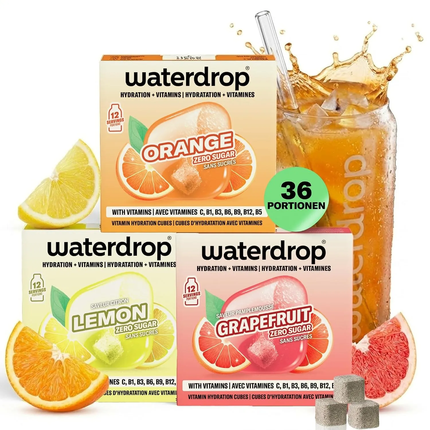 waterdrop® Microdrink Limonade: Orange, Zitrone, Grapefruit, 36 Drops Würfel, zuckerfreies Getränkpulver, 3 fruchtige S…
