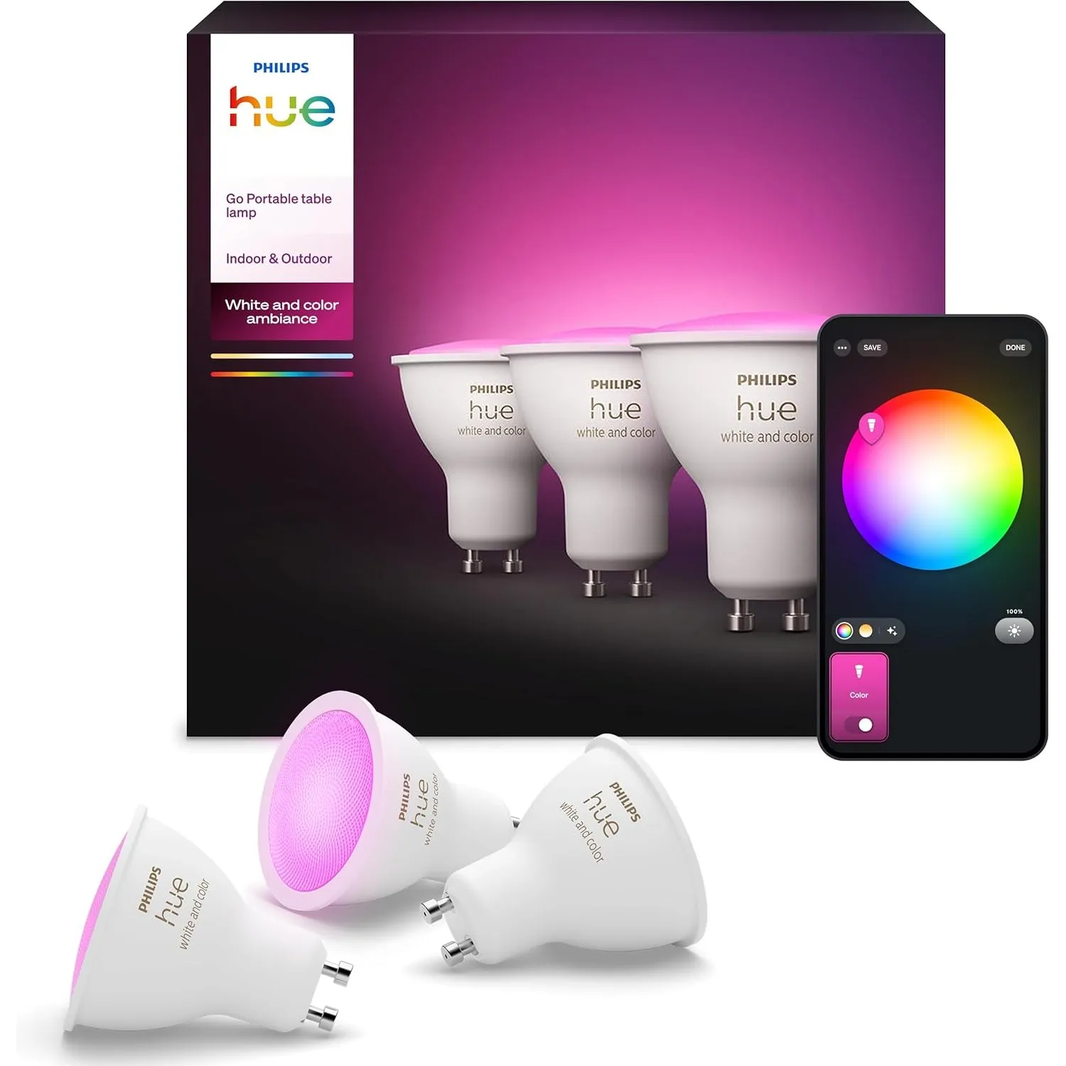 Philips Hue White & Color Ambiance GU10 LED Spot 3er Pack (400 lm), dimmbare LED Lampen für das Hue Lichtsystem mit 16 …