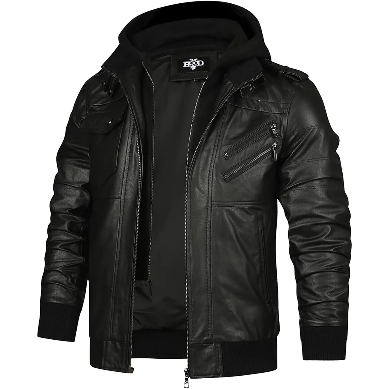 HOOD CREW Echtes Lederjacke Herren Rindsleder Bikerjacke Wintermäntel mit Kapuze für Herren