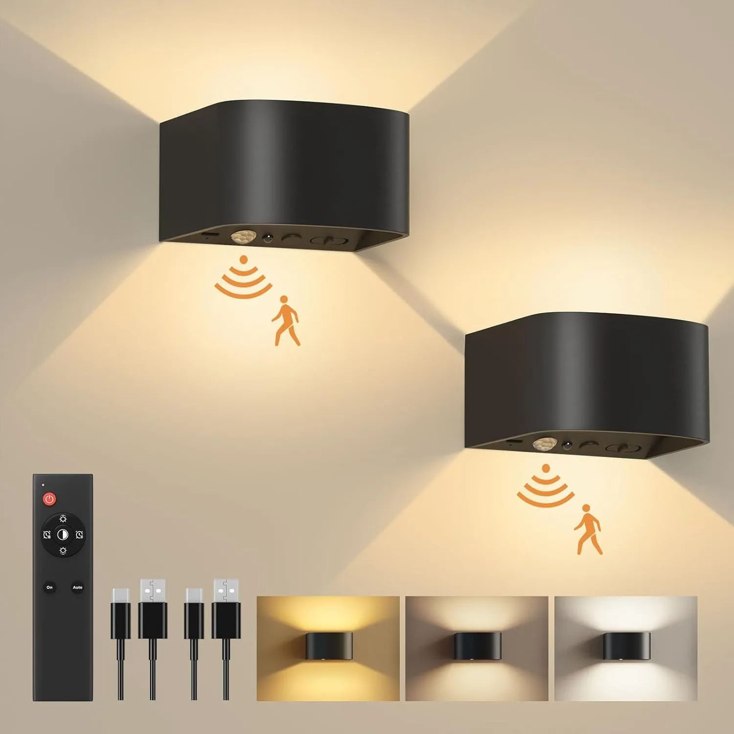 FULEN Akku Wandlampe Innen mit Bewegungssensor,Fernbedienung 3 Farben Wandlicht Up and Down Innen LED Wandleuchte 3 Mod…