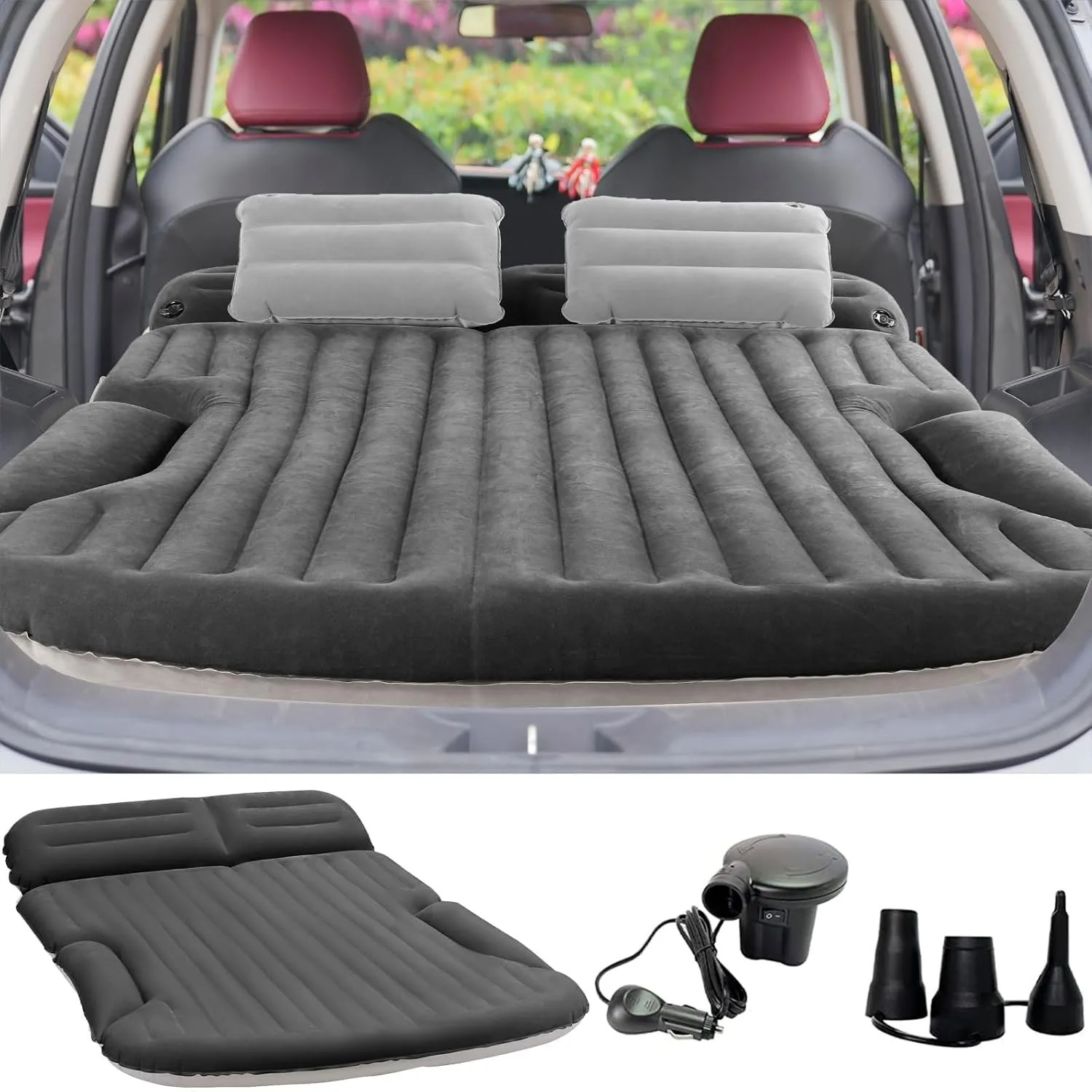 KMZ Auto Matratze, 2 Kissen Auto Luftmatratze, Doppelseitige Verdickte Beflockung Automatratze Camping Aufblasbaren Aut…