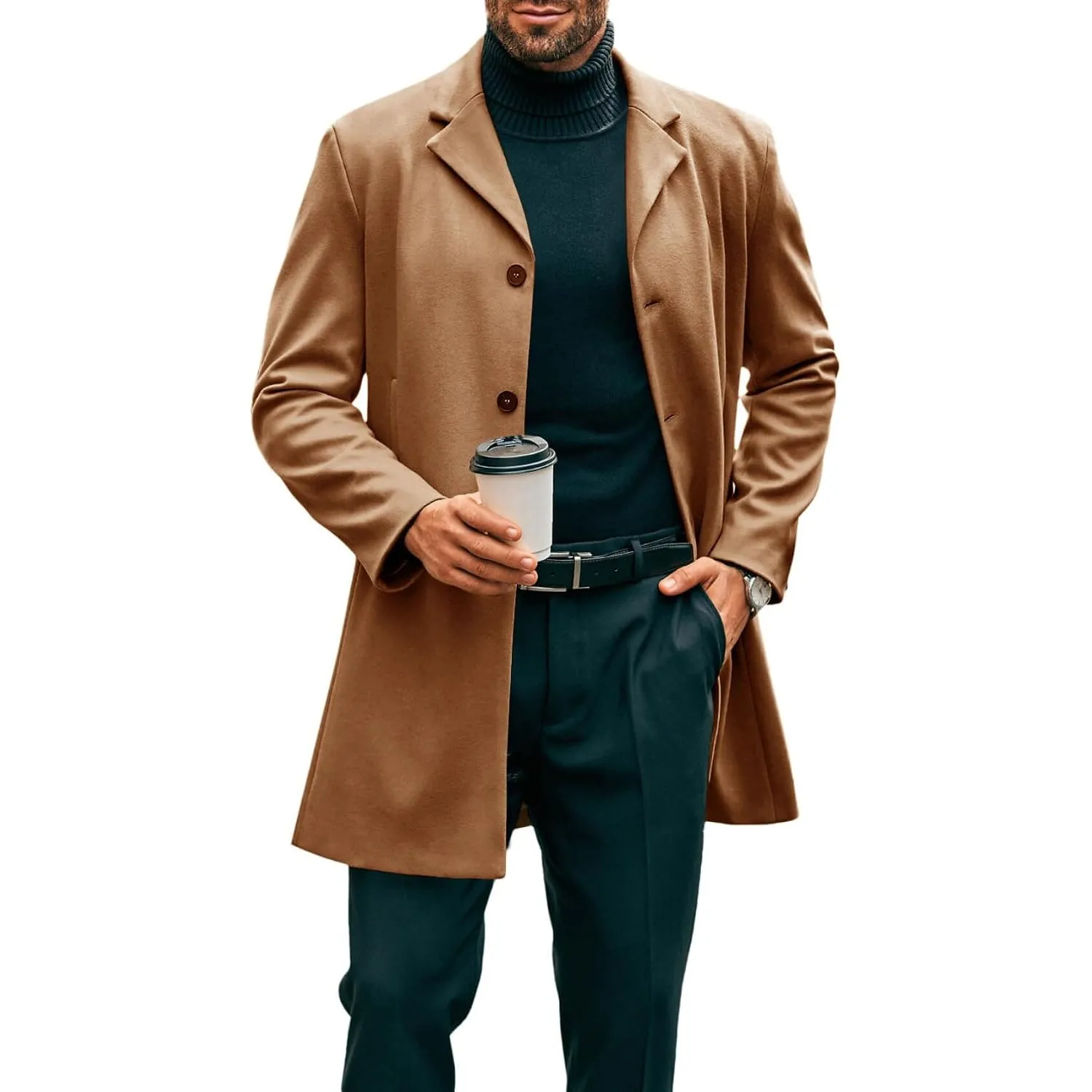 Runcati Herren Mantel Lange Trenchcoat Slim Fit Winter Kerbkragen Jacke Einreiher Business Overcoat