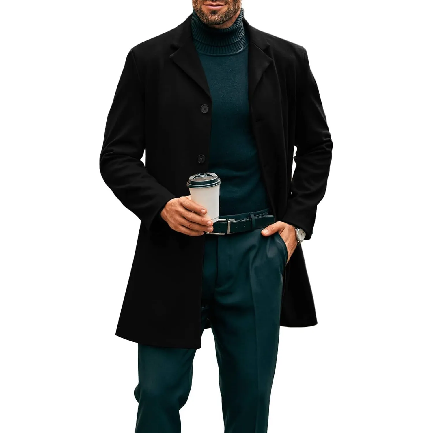 Runcati Herren Mantel Lange Trenchcoat Slim Fit Winter Kerbkragen Jacke Einreiher Business Overcoat
