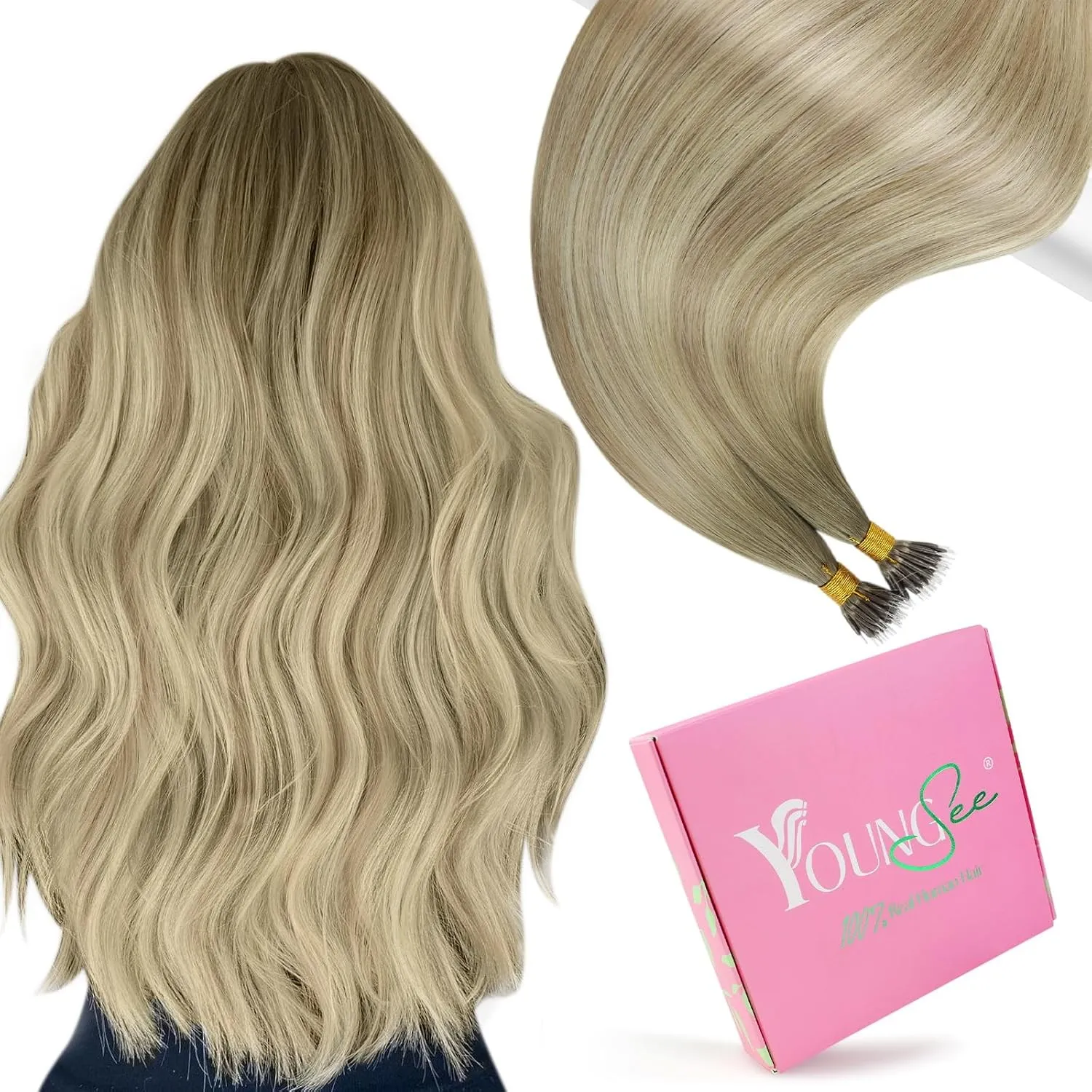YoungSee Nanoring Extensions Blond Nanoring Extensions Echthaar Dunkel Aschblond mit Platinblond Nanoring Hair Extensio…