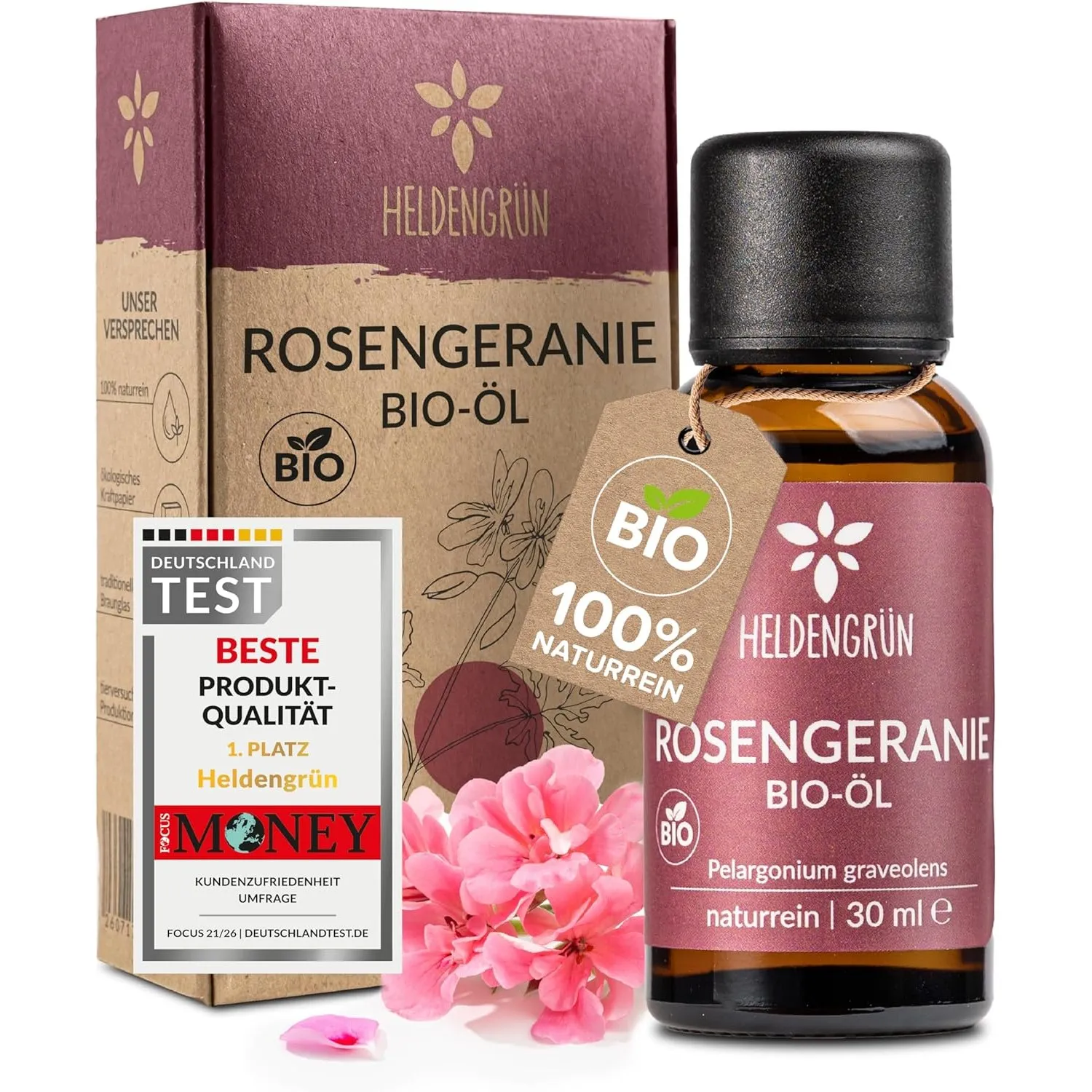 Heldengrün® BIO Rosengeranienöl [100% NATURREIN] für Diffuser & Aroma 30 ml