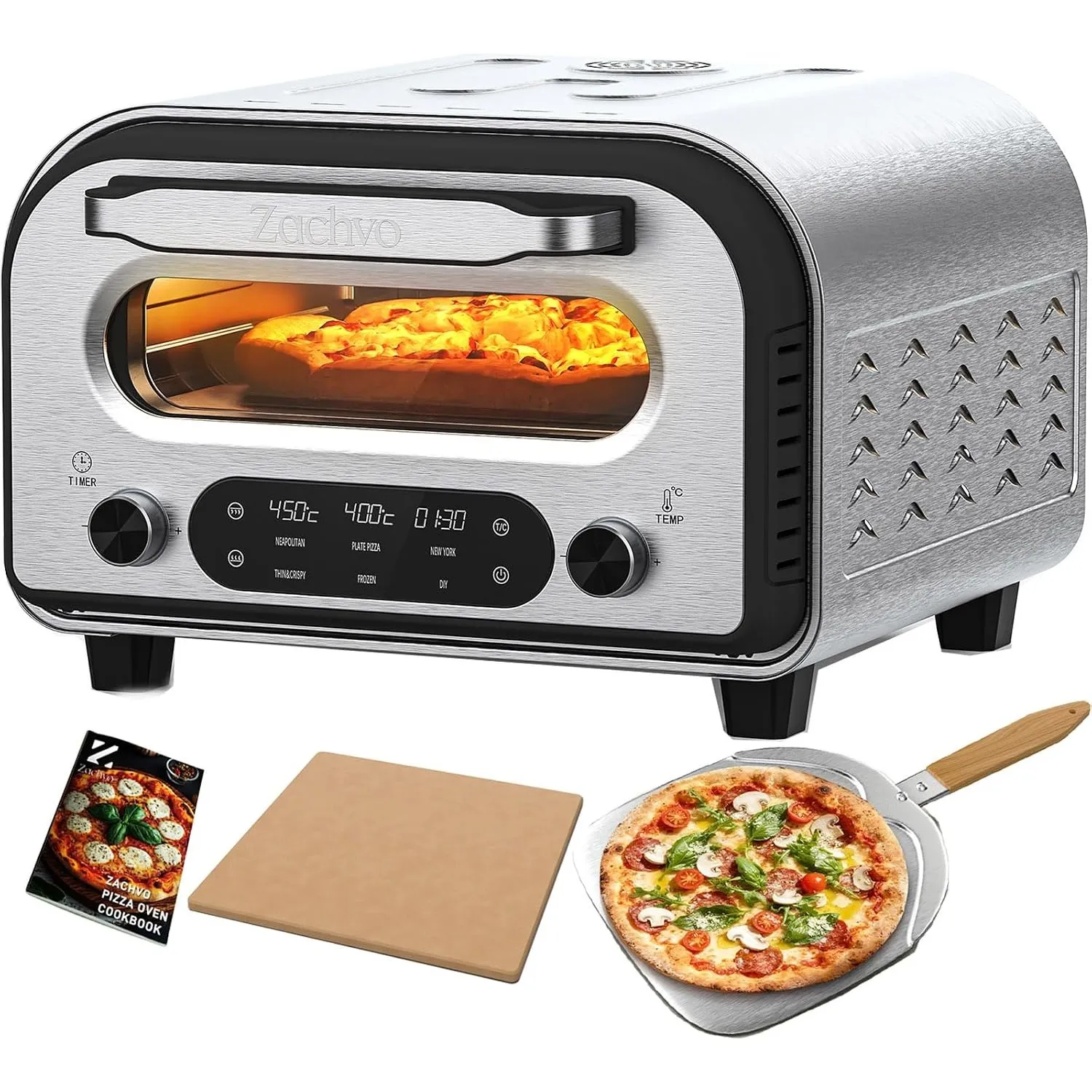 Pizzaofen Elektrisch – 450 °C für 90 Sek. Pizza, 5 Programme + DIY, LED Touchscreen & Drehregler, inkl. Pizzastein 32 c…