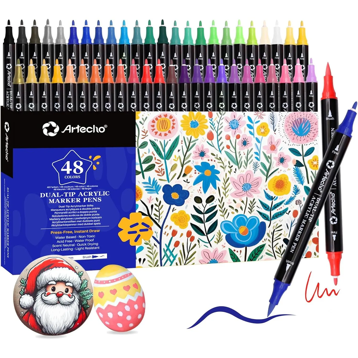Artecho Acrylstifte Set 48 Farben, wasserfeste Dual Tip Acrylmarker mit 1 mm Feinspitze & 0,5-5 mm Pinselspitze, decken…