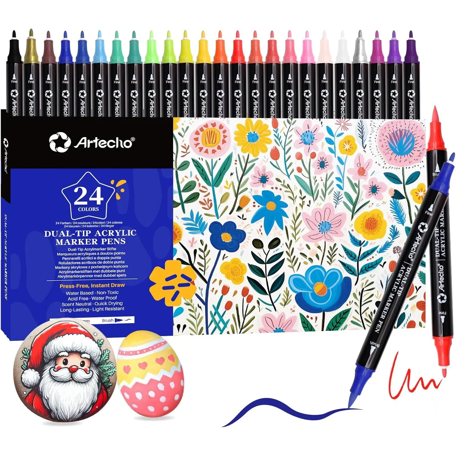 Artecho Acrylstifte 24 Farben, 0.5-5mm Wasserfester Dual Tip Marker