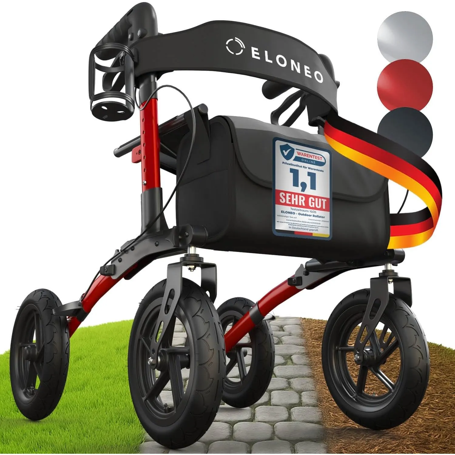 ELONEO Rollator faltbar und leicht mit Sitz, Outdoor Rollator mit Luftbereifung inkl. Sitzfläche, Rückengurt, höhenvers…