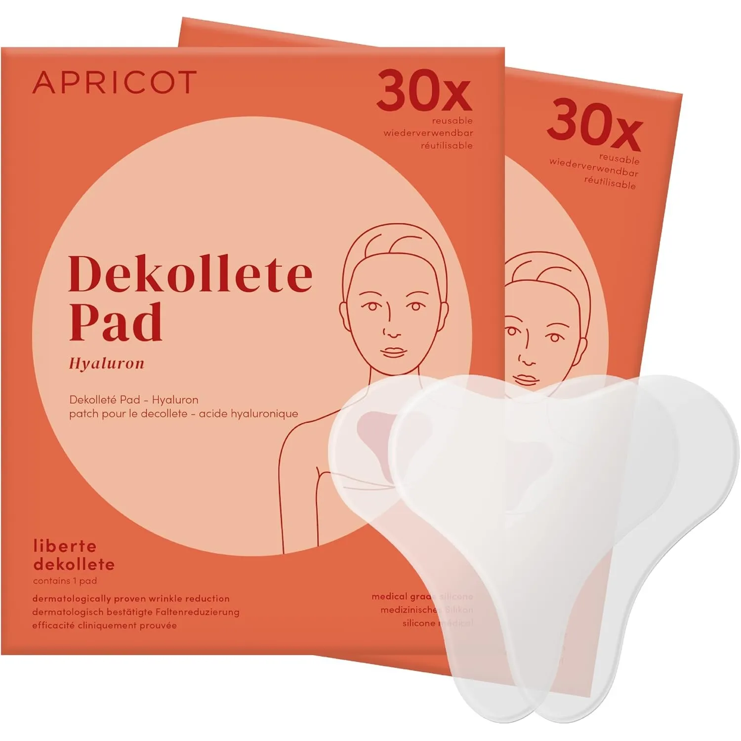 APRICOT 2x Dekollete Pad Antifalten aus medizinischem Silikon mit niedermolekularem Hyaluron - Bis zu 60x Wiederverwend…