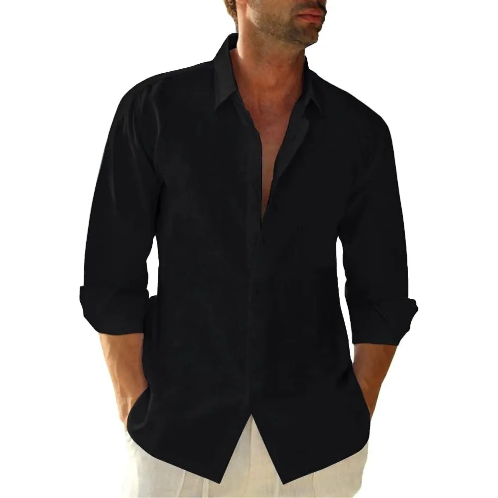 Friptspyg Leinenhemd Herren Langarm Baumwolle Leinen Hemd Herren Freizeithemden Casual Regular Fit Sommerhemd mit Tasche