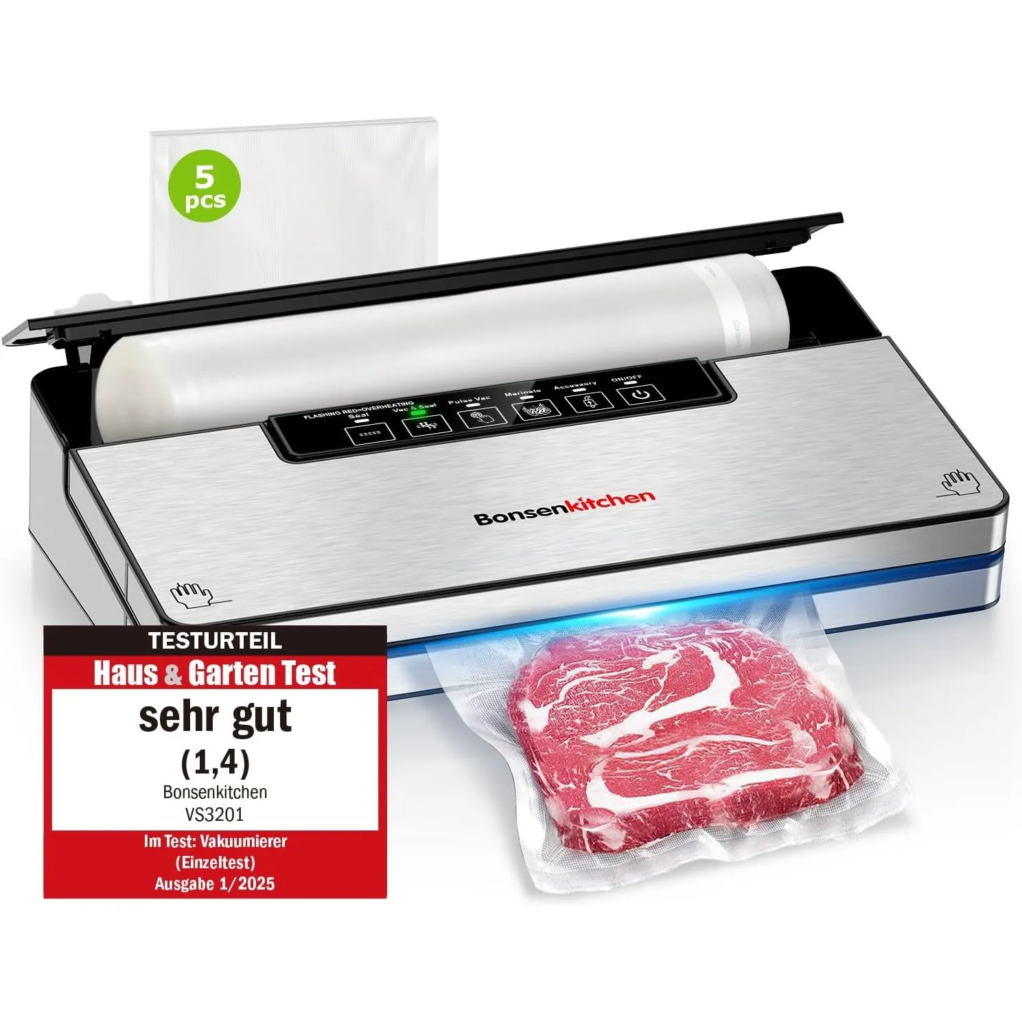 Bonsenkitchen Vakuumierer, 125W Vakuumiergerät mit 5 Modi, 8 L/Min