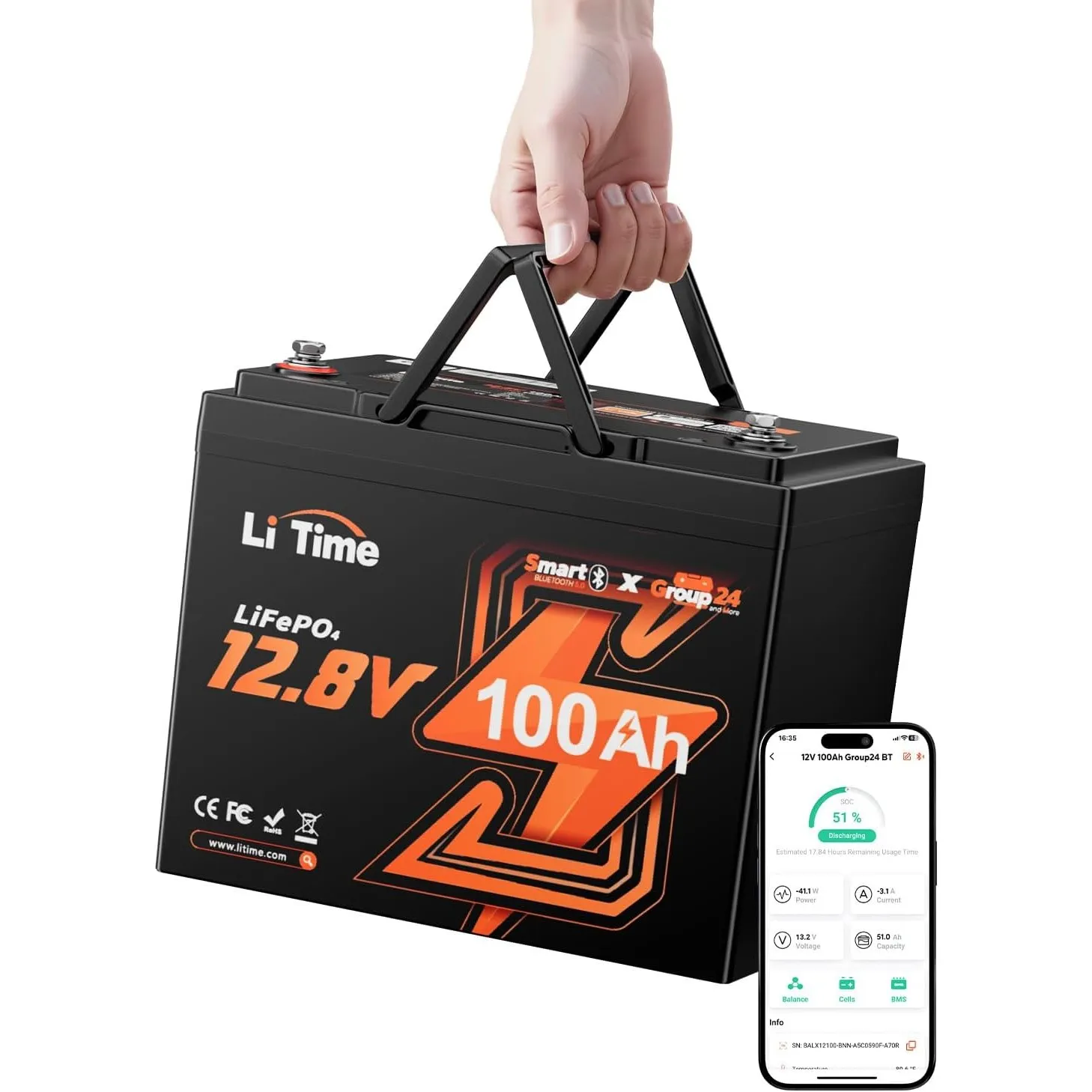 LiTime 12V 100Ah LiFePO4 Batterie Gruppe 24 Bluetooth, Lithium Batterie mit 100A BMS und Low-Temp-Schutz, Max.15000 Zyk…