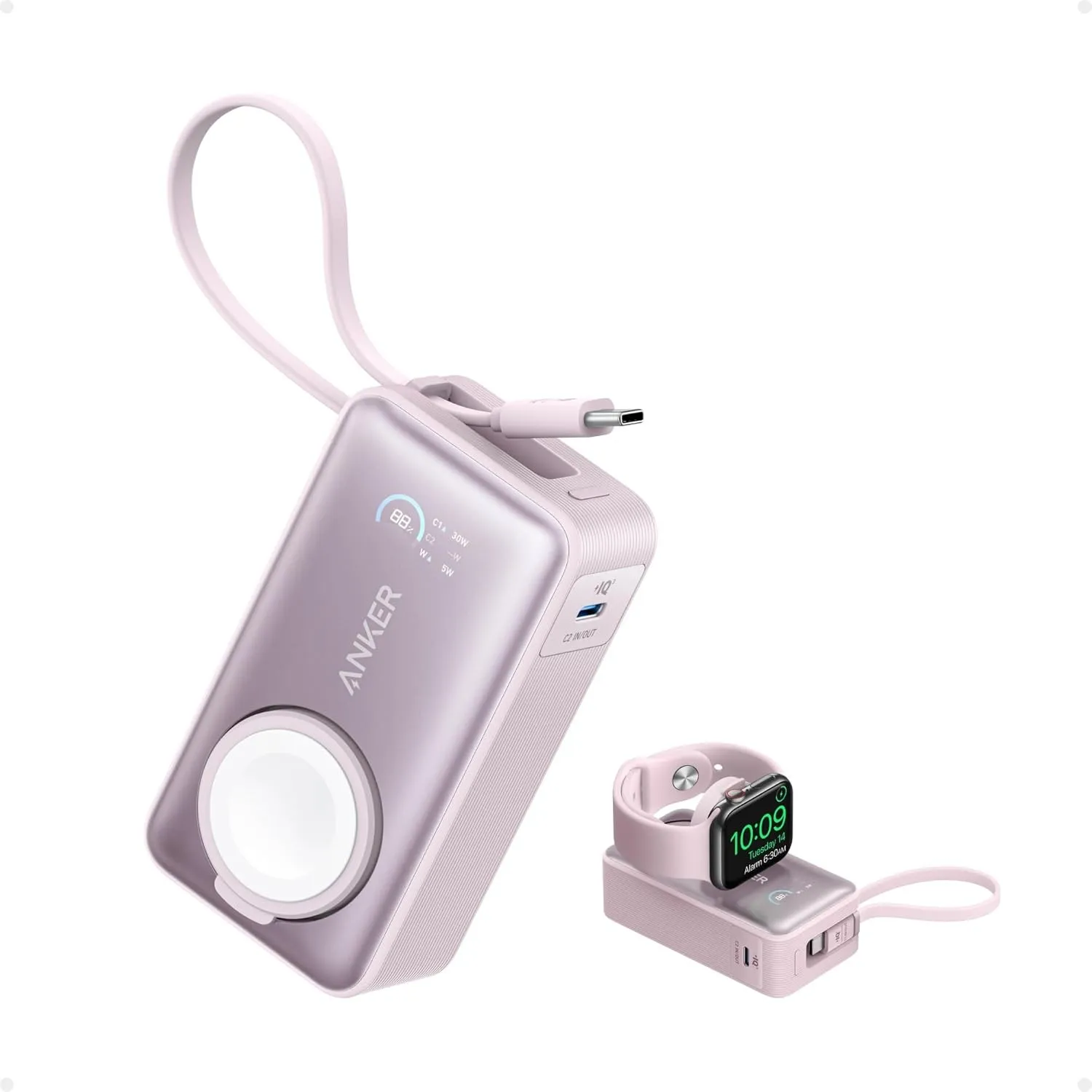 Anker MagGo Powerbank für Apple Watch, offiziell Zertifiziert, 10000mAh kompaktes Akkupack mit integriertem USB-C-Kabel…