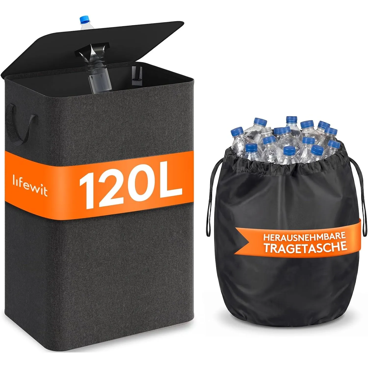 Lifewit 120L Pfandflaschen Sammelbehälter mit Deckel, Dunkelgrau
